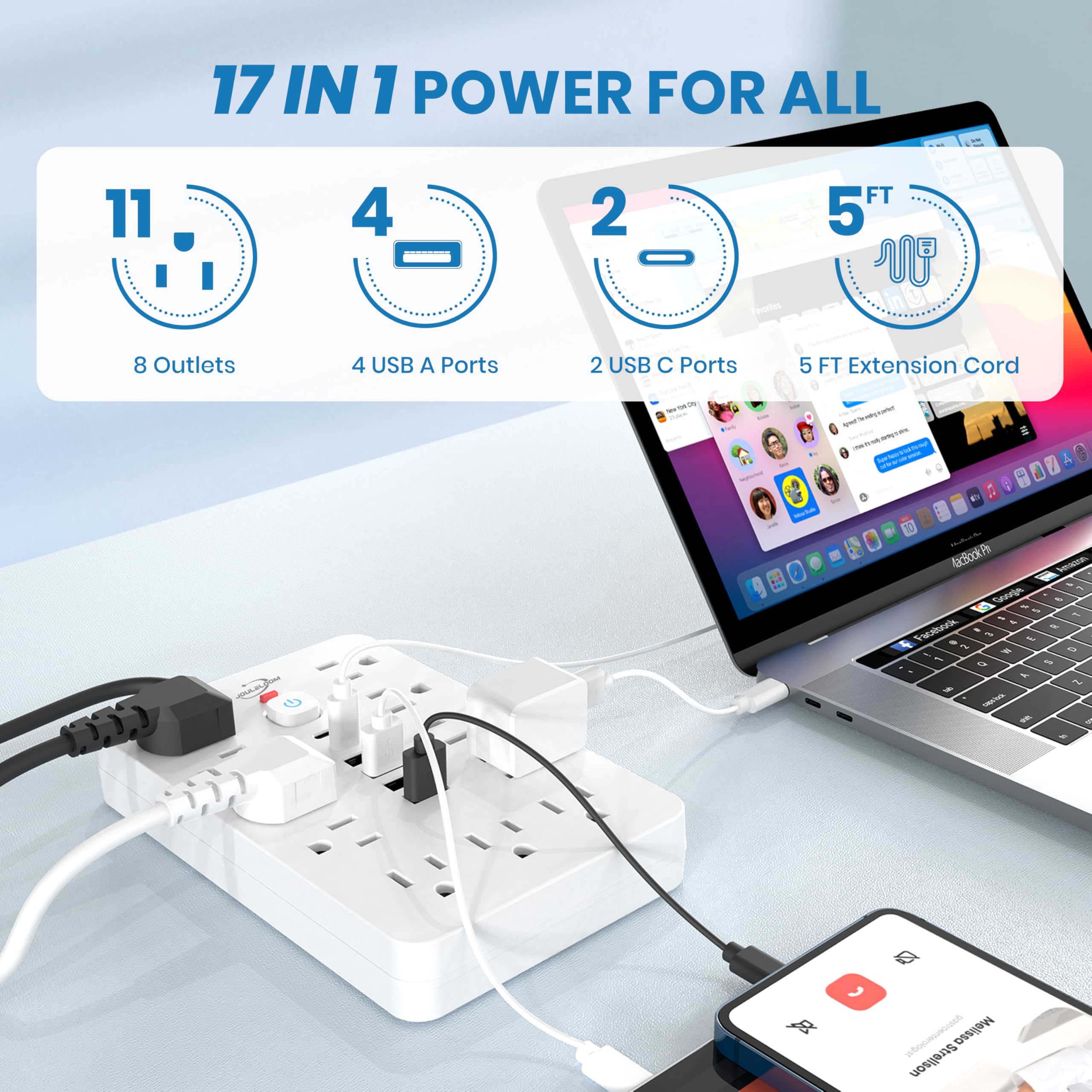 Foto 2 | Protector Contra Sobretensiones Power Strip Jouleloom, 11 Salidas, 4 Usb, 2 Usb C - Venta Internacional.