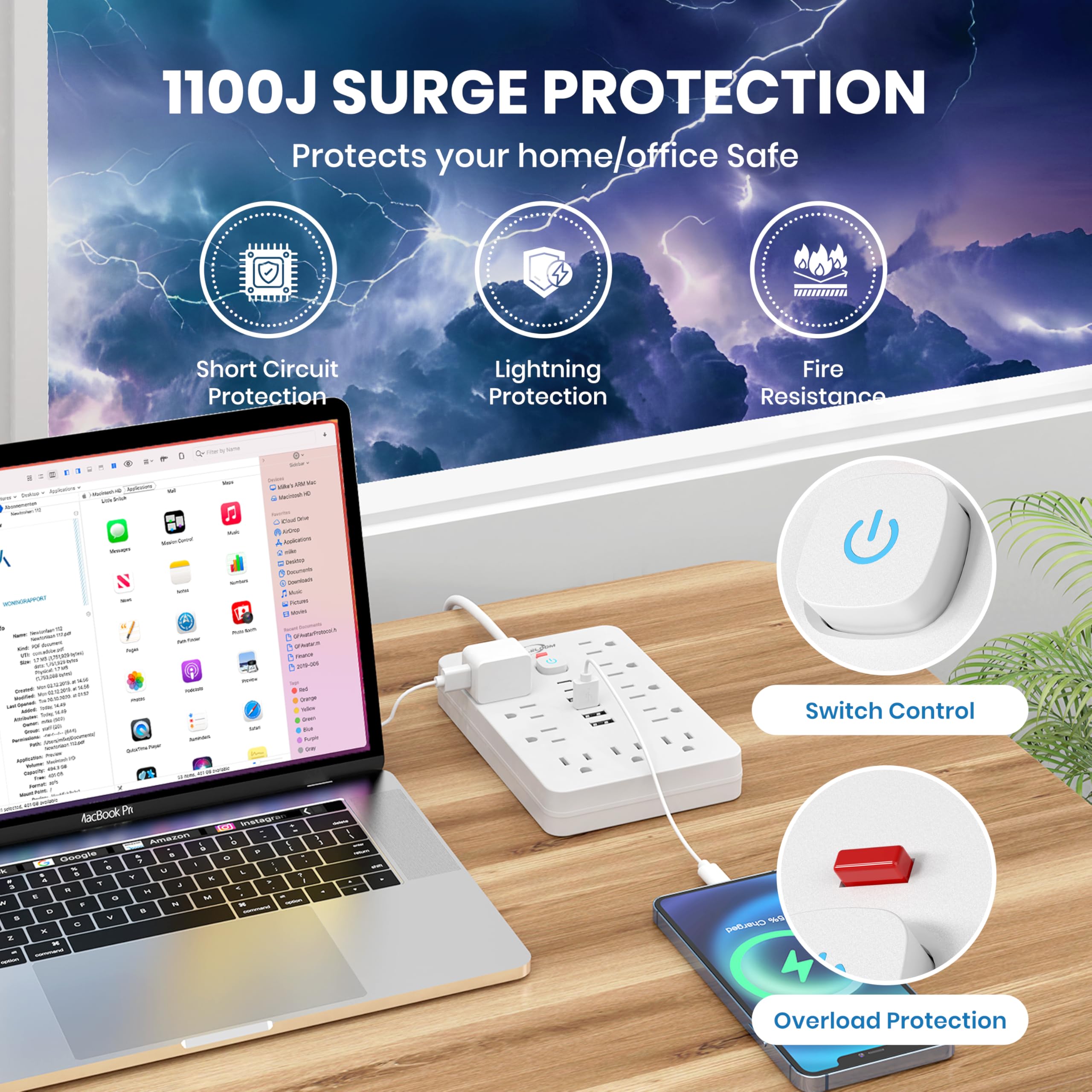 Foto 5 | Protector Contra Sobretensiones Power Strip Jouleloom, 11 Salidas, 4 Usb, 2 Usb C - Venta Internacional.