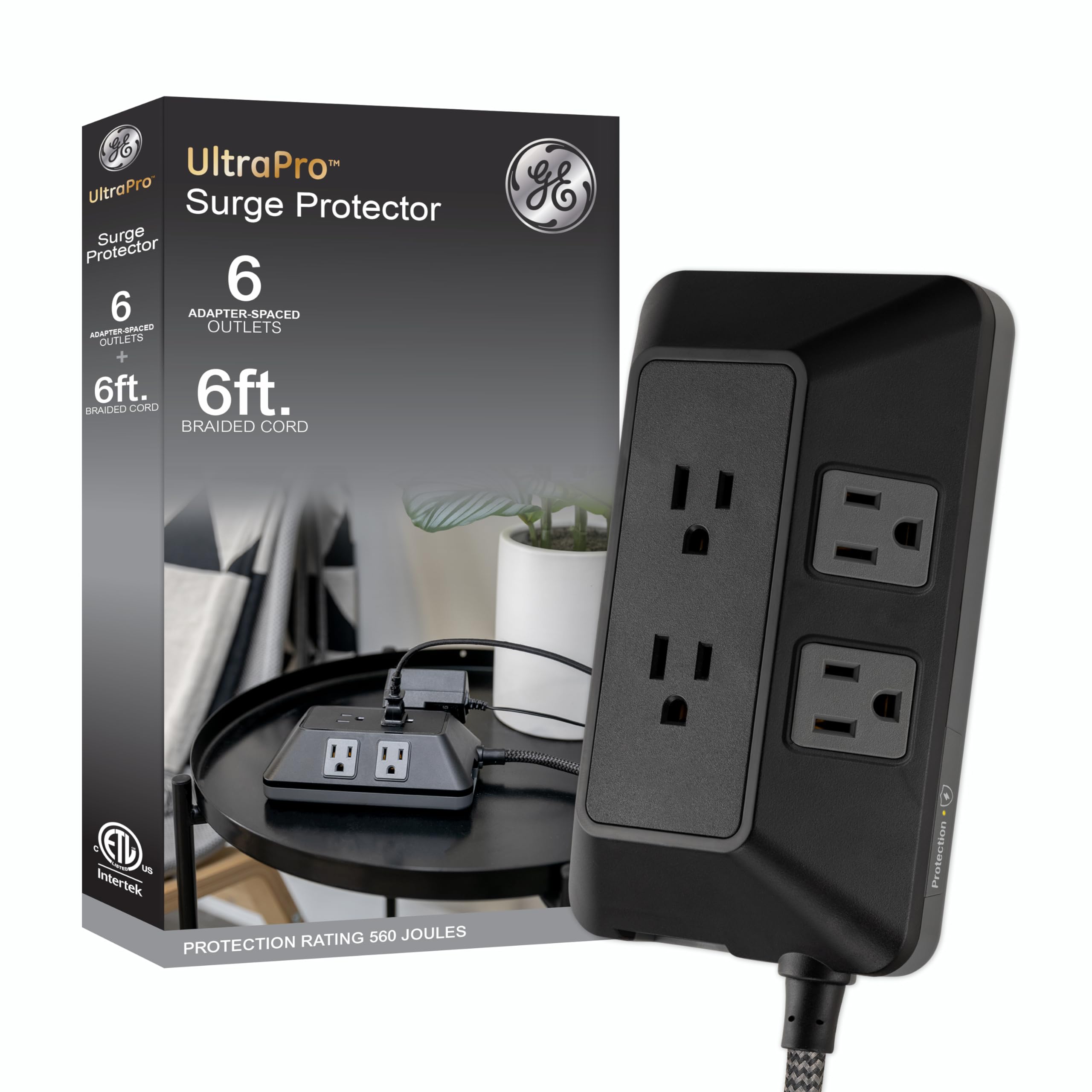 Protector Contra Sobretensiones Ge De 6 Salidas Con Cable Trenzado 560j De 6 Pies, Negro - Venta Internacional.