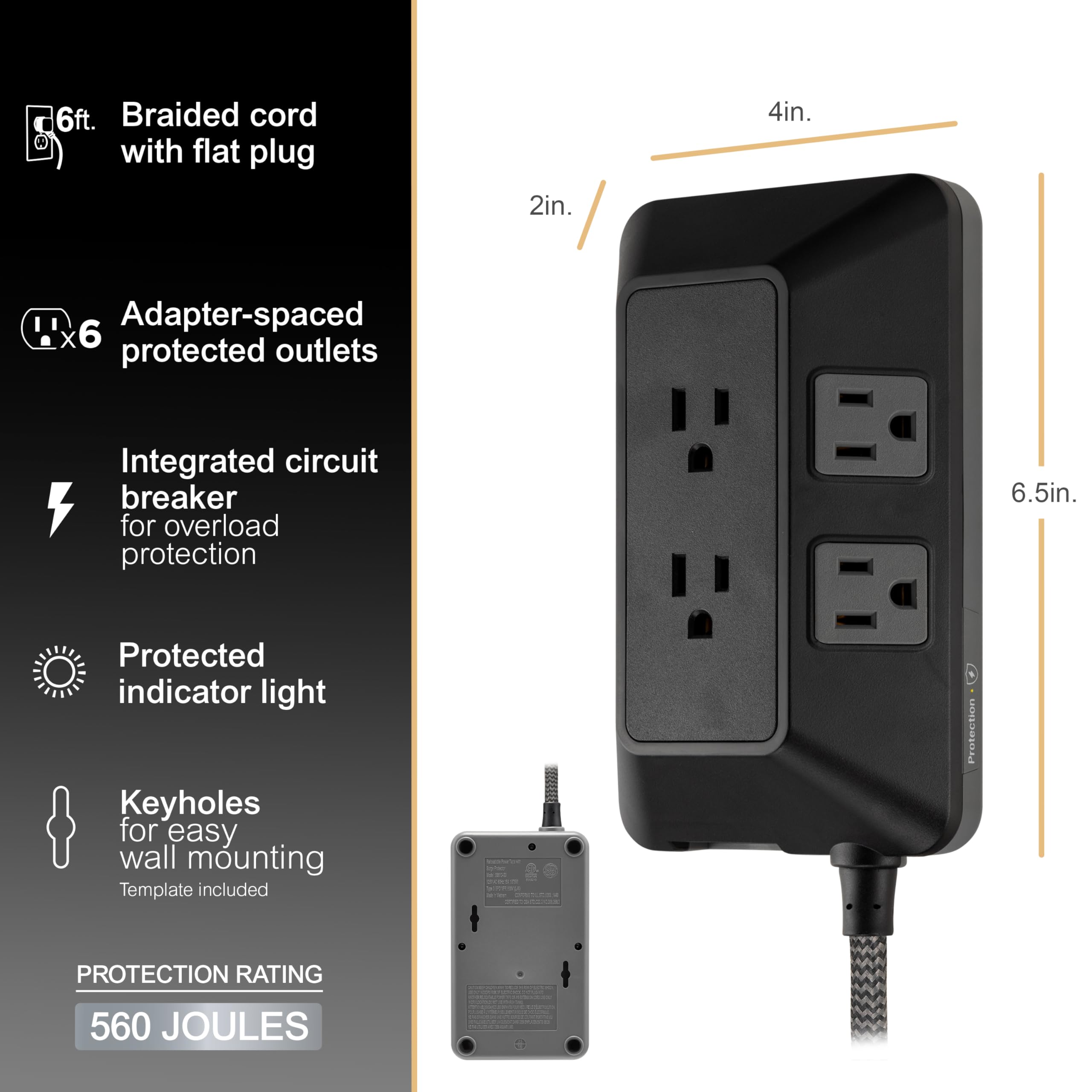 Foto 4 pulgar | Protector Contra Sobretensiones Ge De 6 Salidas Con Cable Trenzado 560j De 6 Pies, Negro - Venta Internacional.