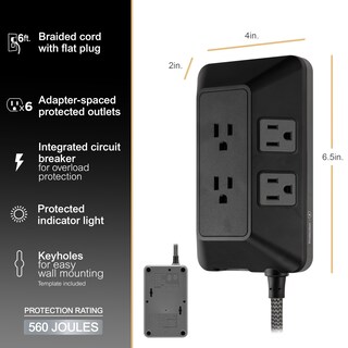 Foto 3 | Protector Contra Sobretensiones Ge De 6 Salidas Con Cable Trenzado 560j De 6 Pies, Negro - Venta Internacional.