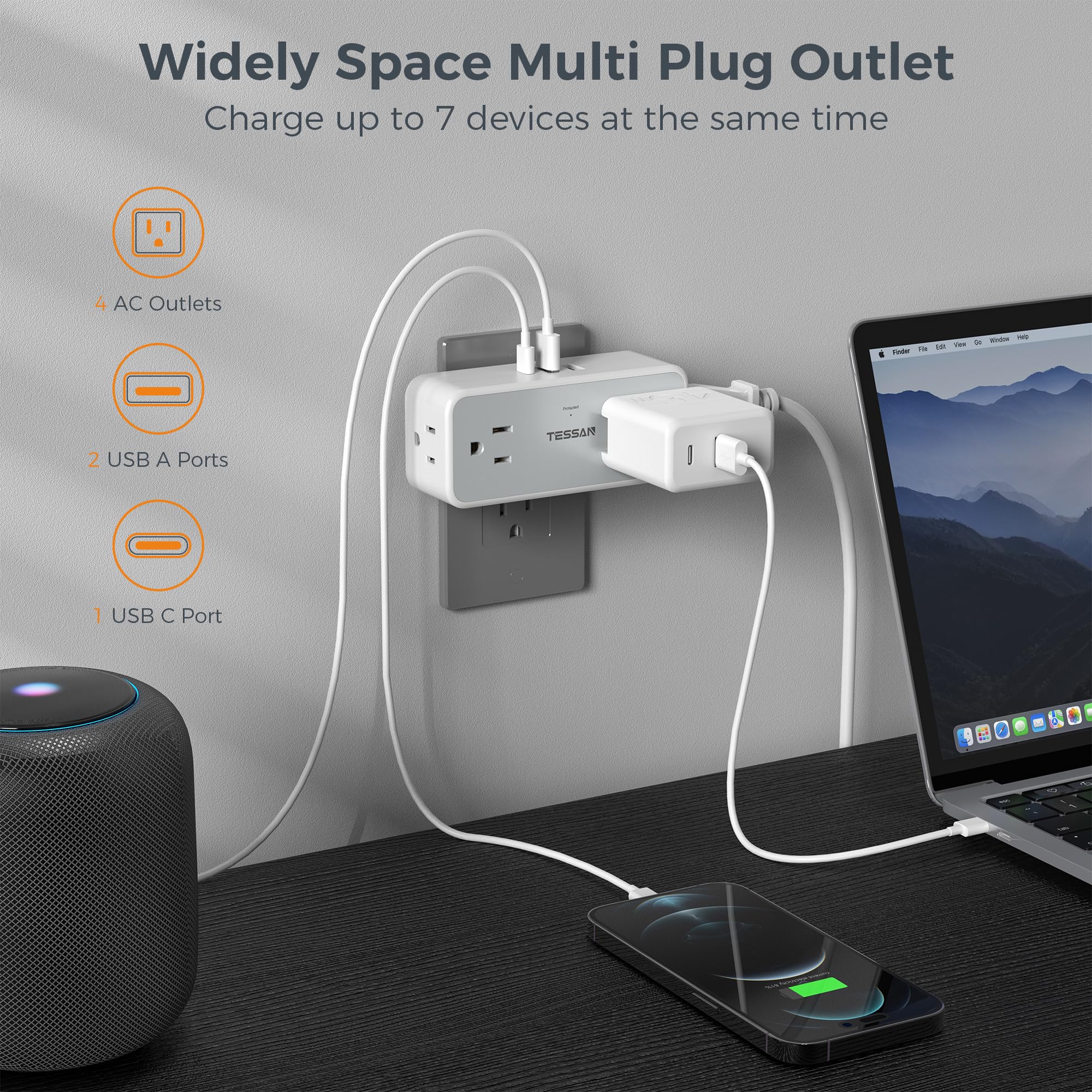 Foto 2 | Divisor De Enchufes Múltiples Tessan, Extensor De 4 Enchufes De Pared Con Usb - Venta Internacional.