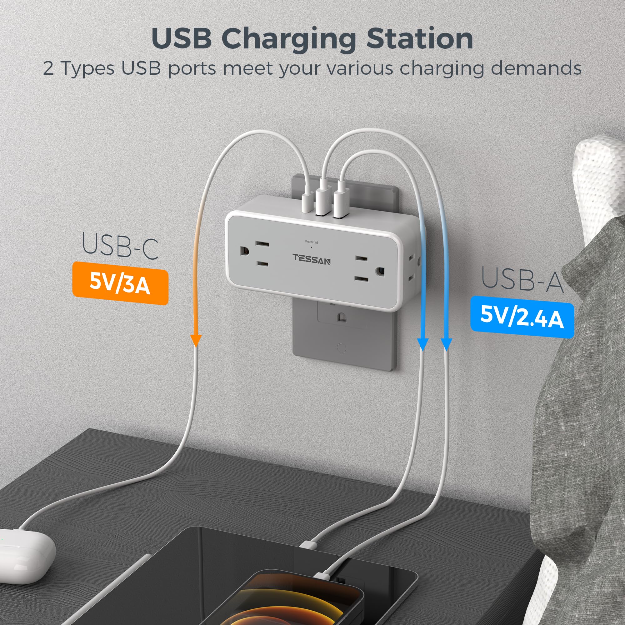 Foto 3 | Divisor De Enchufes Múltiples Tessan, Extensor De 4 Enchufes De Pared Con Usb - Venta Internacional.
