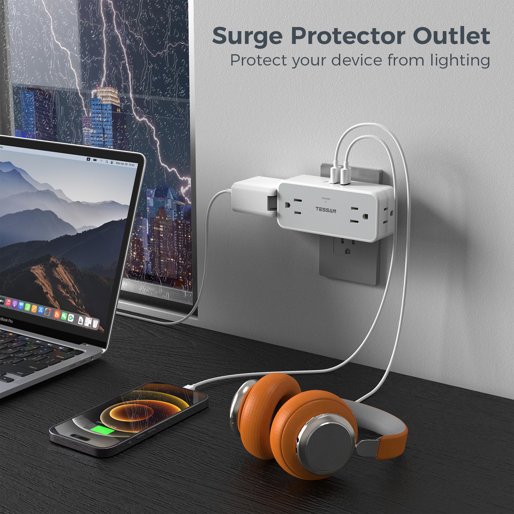 Foto 5 pulgar | Divisor De Enchufes Múltiples Tessan, Extensor De 4 Enchufes De Pared Con Usb - Venta Internacional.