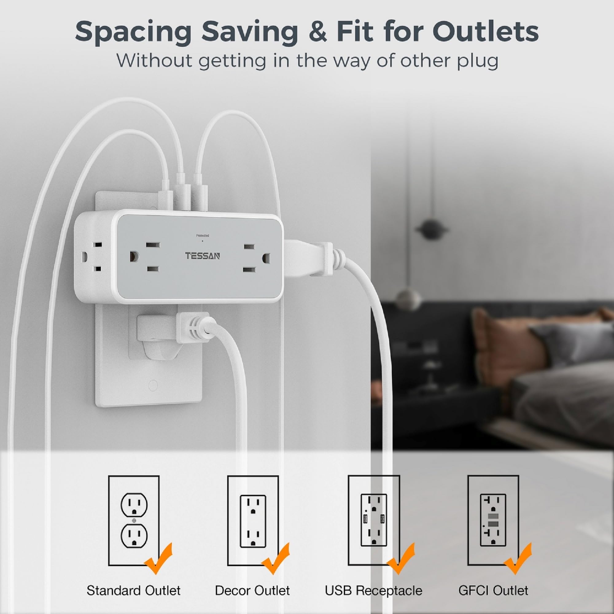 Foto 5 | Divisor De Enchufes Múltiples Tessan, Extensor De 4 Enchufes De Pared Con Usb - Venta Internacional.