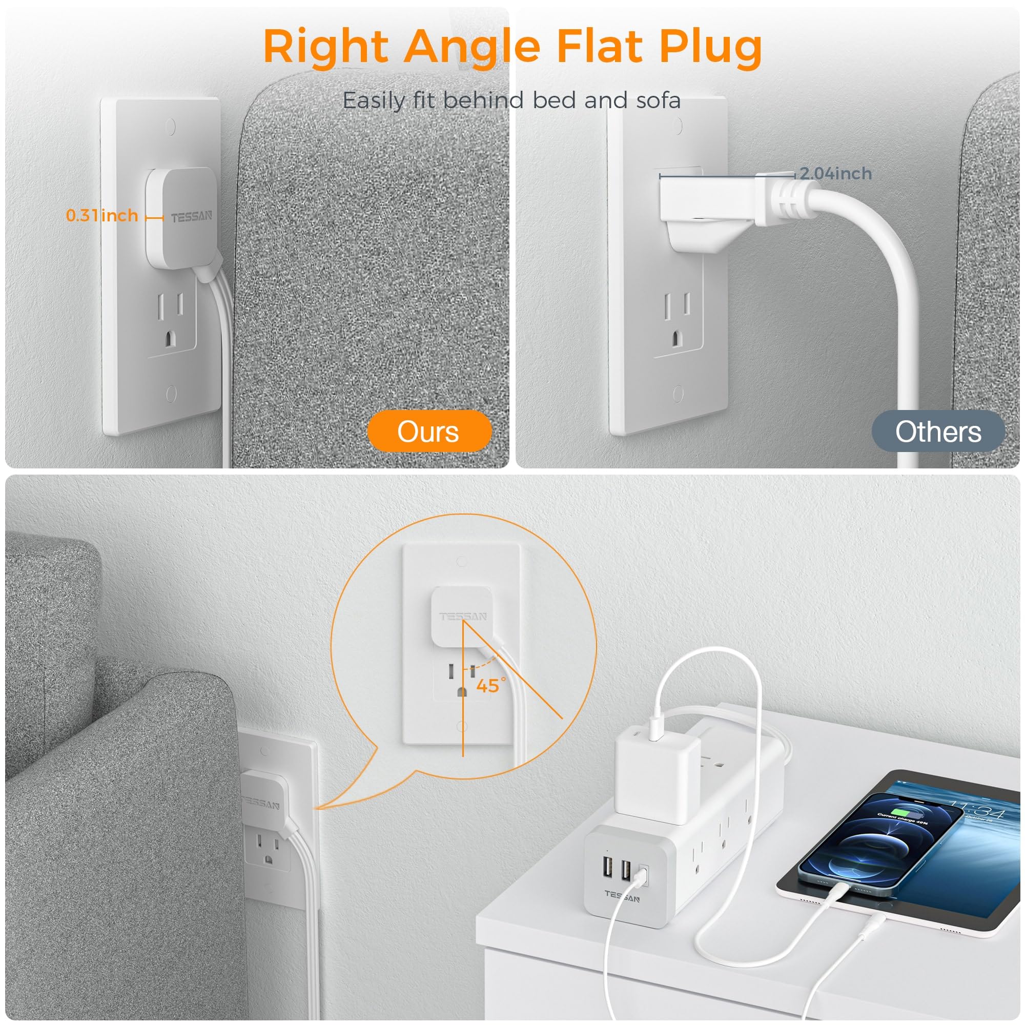 Foto 5 pulgar | Protector Contra Sobretensiones, Power Strip Tessan, Ultrafino, De 6 Pies Con 9 Enchufes - Venta Internacional.
