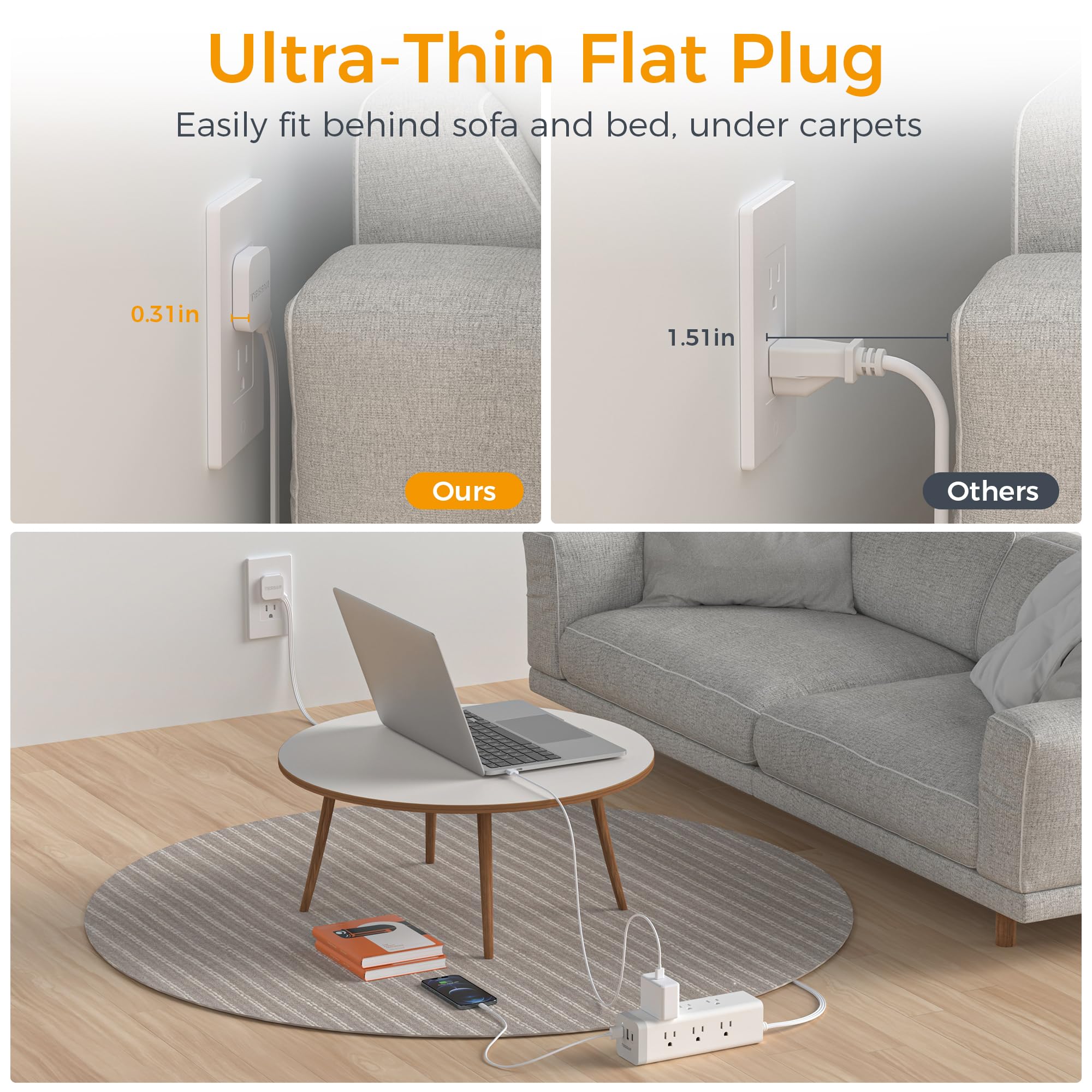 Foto 7 pulgar | Protector Contra Sobretensiones, Power Strip Tessan, Ultrafino, De 6 Pies Con 9 Enchufes - Venta Internacional.