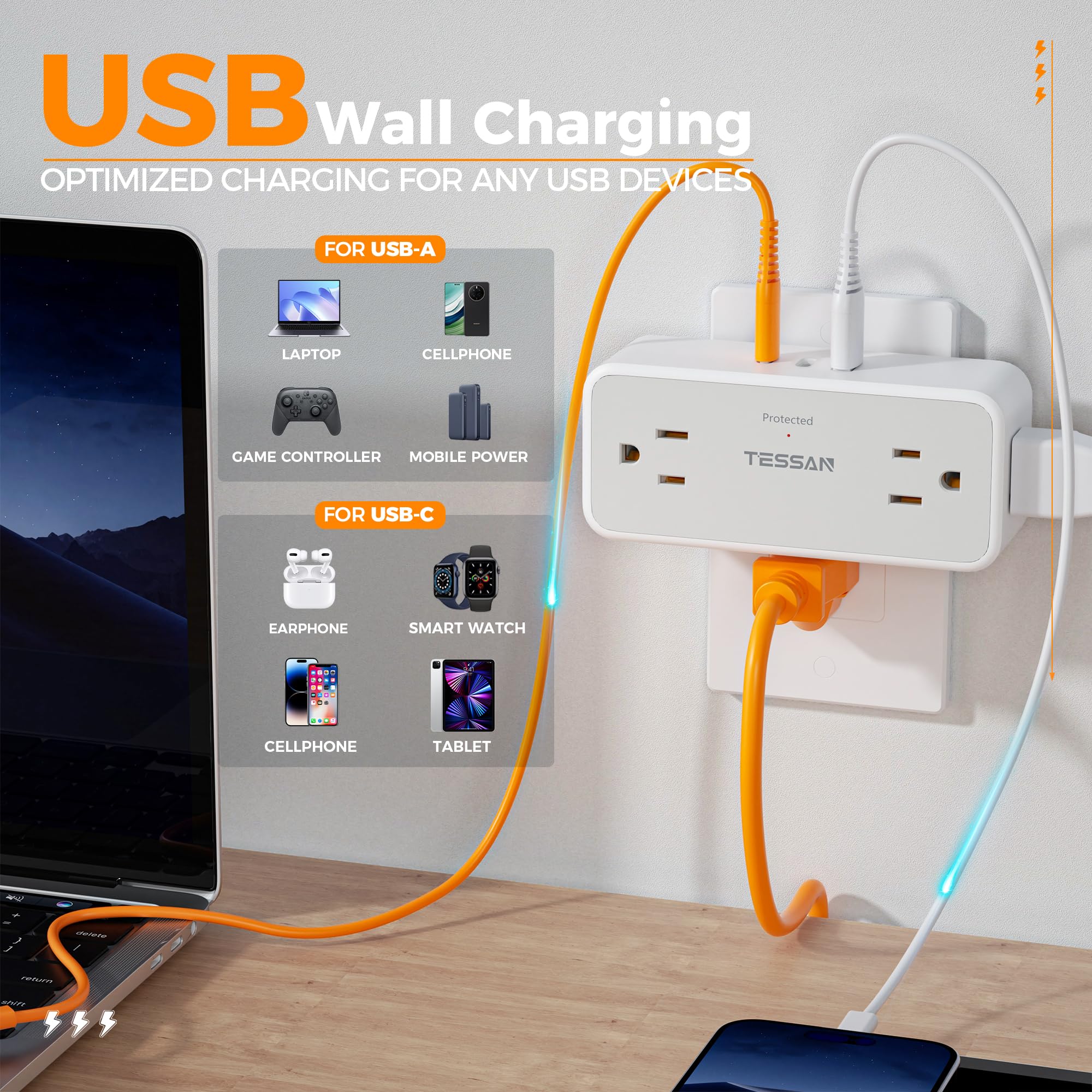 Foto 3 | Divisor De Enchufe Múltiple Tessan, Protector Contra Sobretensiones Con Usb - Venta Internacional.