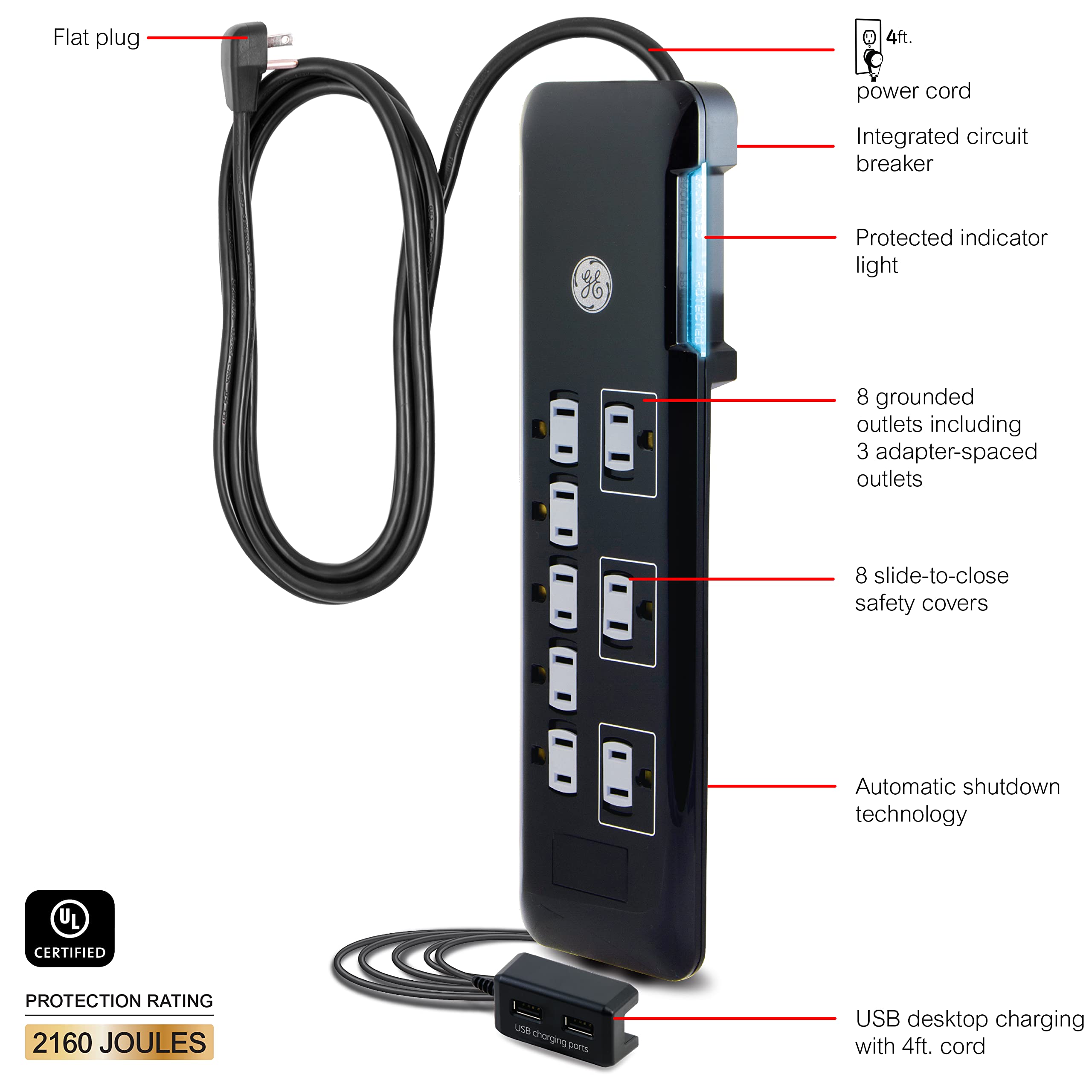 Foto 3 pulgar | Protector Contra Sobretensiones Ge Ultrapro De 8 Salidas Y 2 Puertos Usb De 4 Pies, Negro - Venta Internacional.