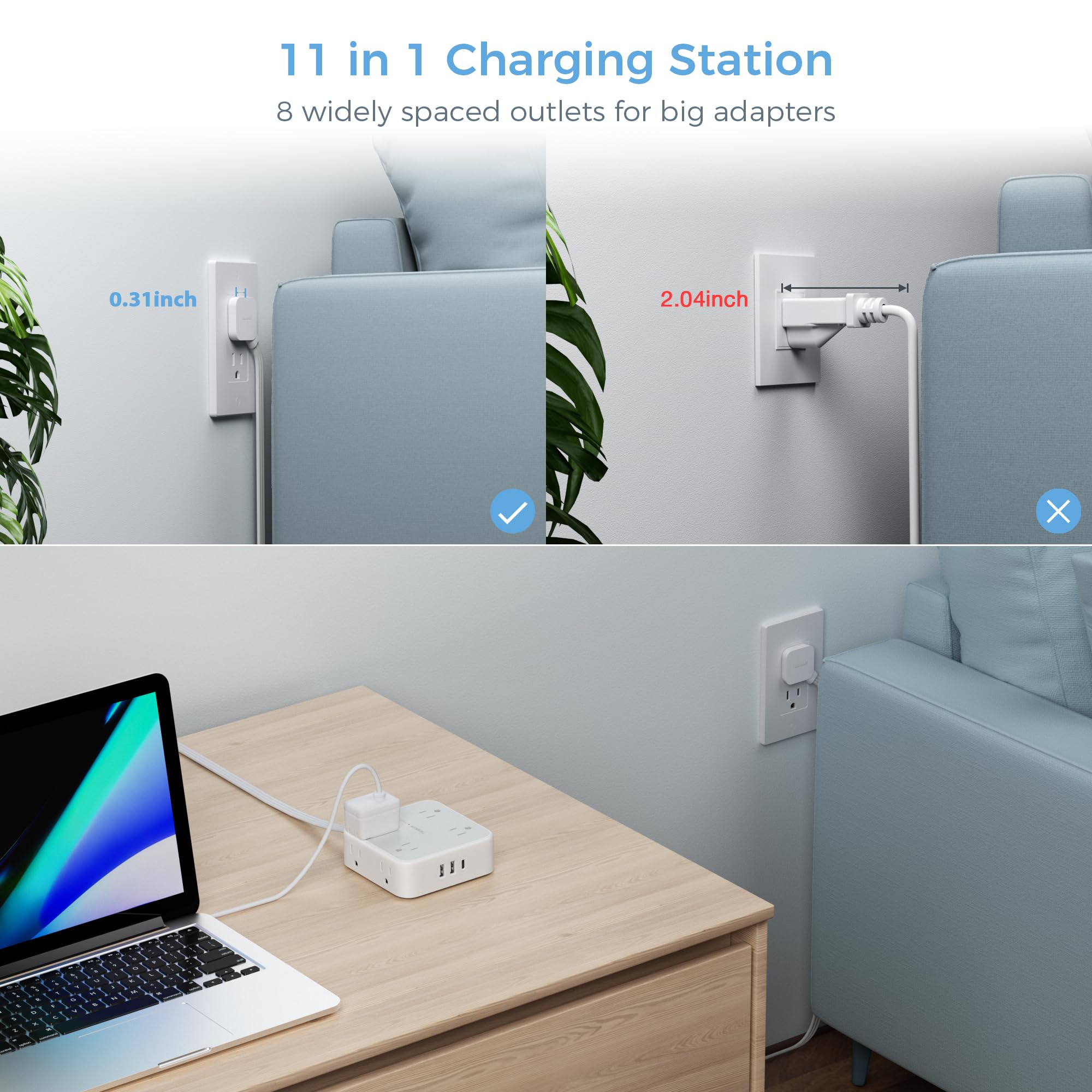 Foto 2 | Regleta De Alimentación Con Protector Contra Sobretensiones Tessan De 15 Pies Con 8 Salidas, 3 Usb - Venta Internacion