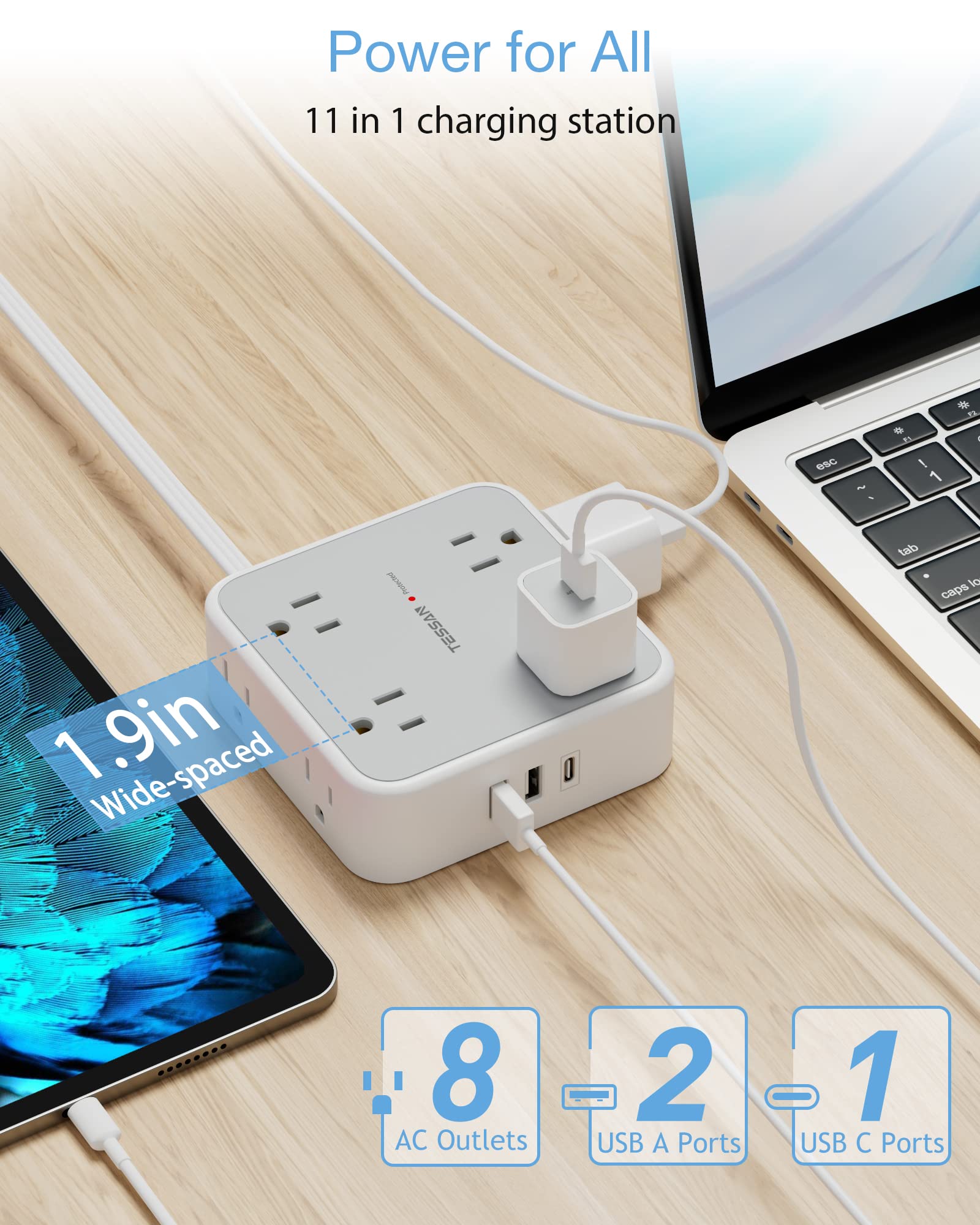 Foto 4 pulgar | Regleta De Alimentación Con Protector Contra Sobretensiones Tessan De 15 Pies Con 8 Salidas, 3 Usb - Venta Internacion
