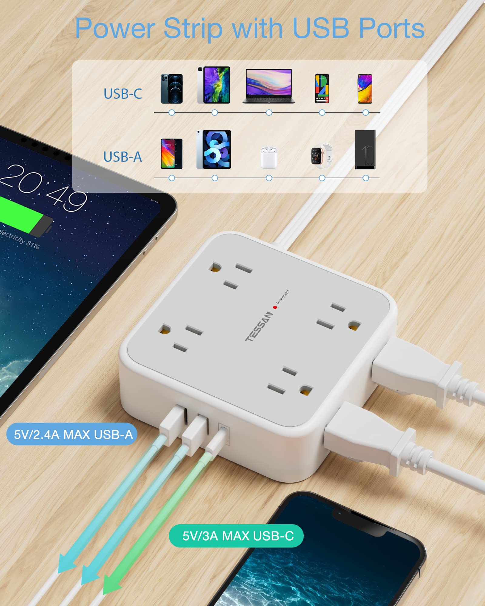 Foto 5 pulgar | Regleta De Alimentación Con Protector Contra Sobretensiones Tessan De 15 Pies Con 8 Salidas, 3 Usb - Venta Internacion