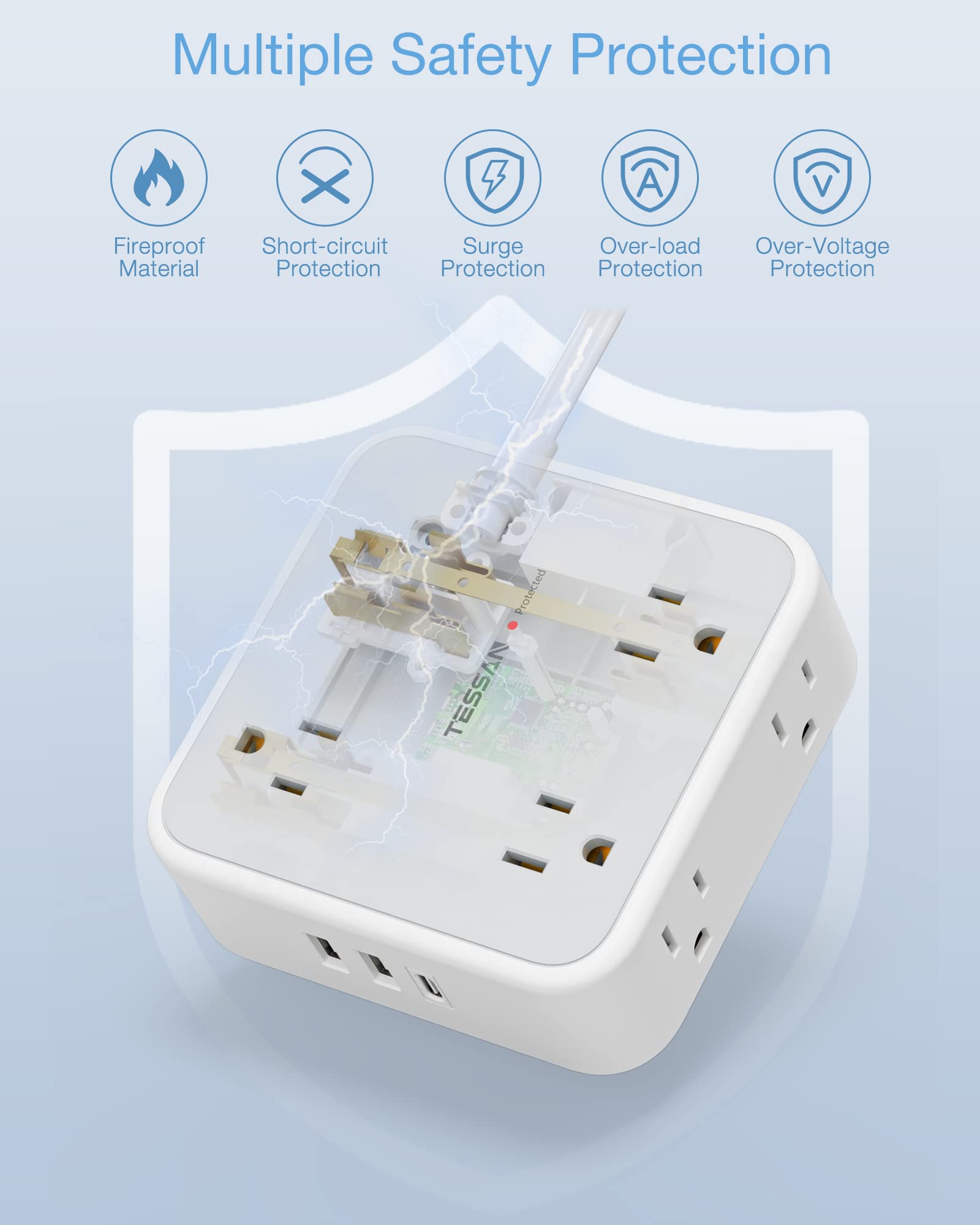 Foto 7 pulgar | Regleta De Alimentación Con Protector Contra Sobretensiones Tessan De 15 Pies Con 8 Salidas, 3 Usb - Venta Internacion
