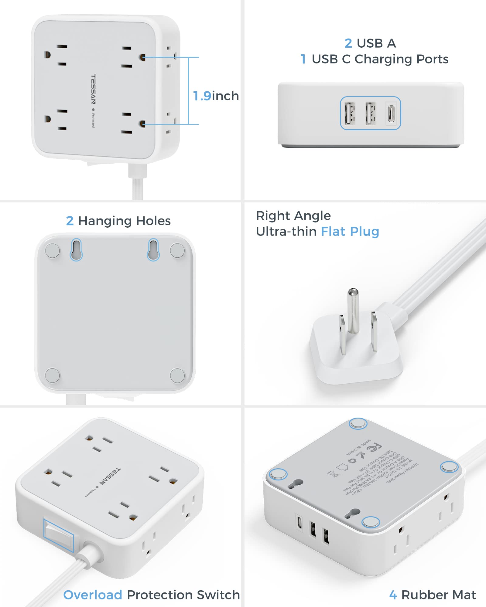 Foto 8 pulgar | Regleta De Alimentación Con Protector Contra Sobretensiones Tessan De 15 Pies Con 8 Salidas, 3 Usb - Venta Internacion