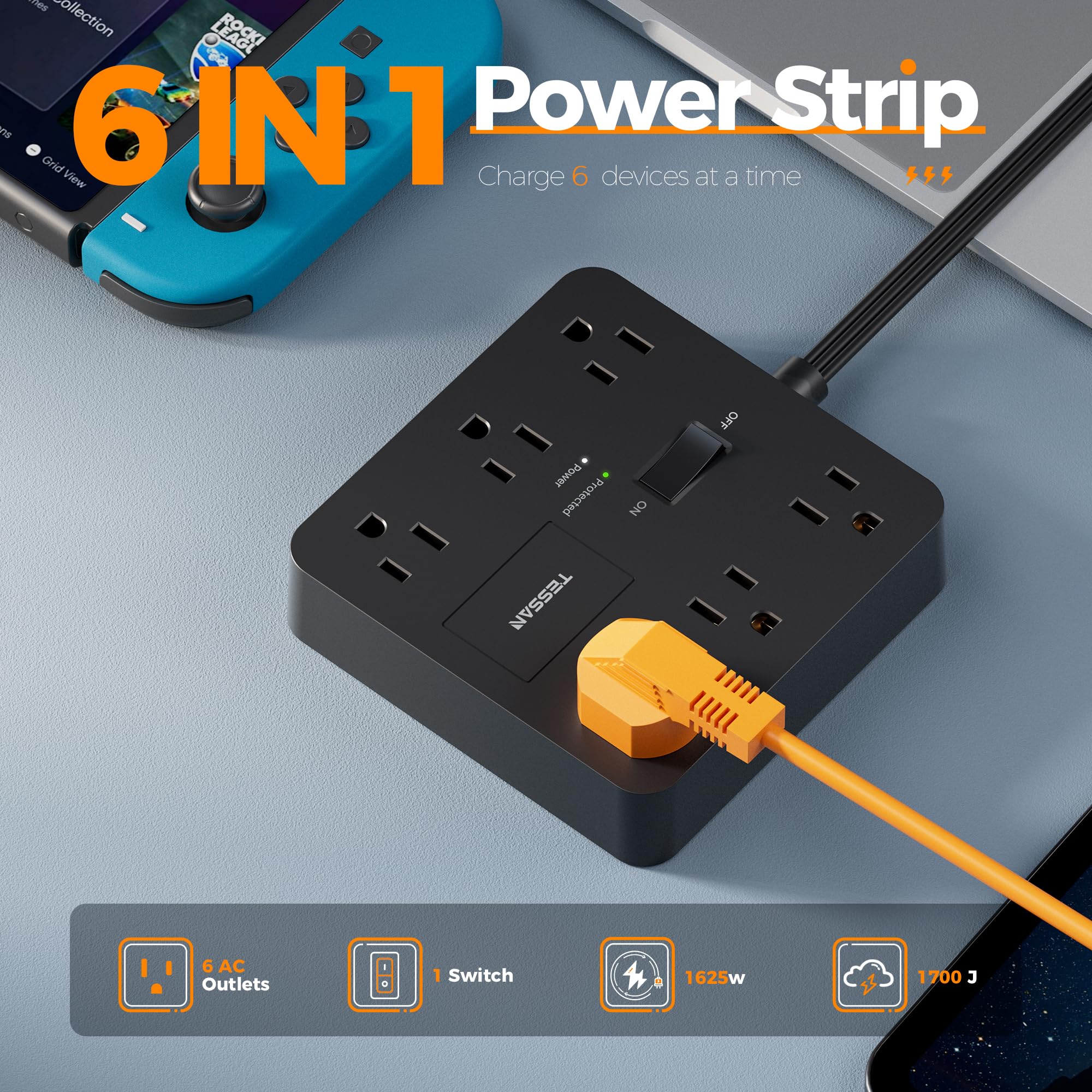 Foto 3 pulgar | Protector Contra Sobretensiones, Tira Eléctrica Tessan, Negra, 6 Ac 1700j, 5 Pies - Venta Internacional.
