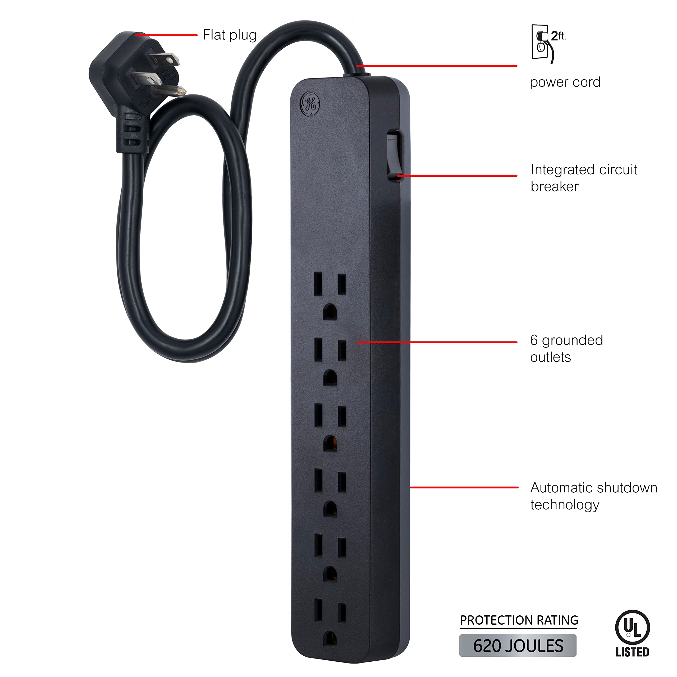 Foto 3 pulgar | Protector Contra Sobretensiones Ge Pro, Cable Negro De 6 Salidas, 620 Julios Y 2 Pies - Venta Internacional.