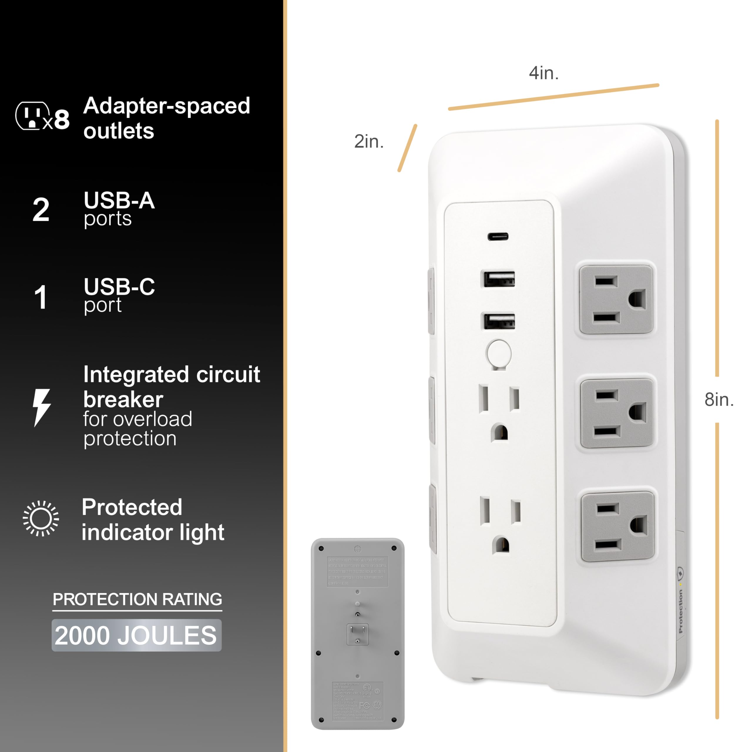 Foto 4 pulgar | Protector Contra Sobretensiones Ge De 8 Salidas Con Usb 2.1 A Y Usb-c 30 W 2000j - Venta Internacional.