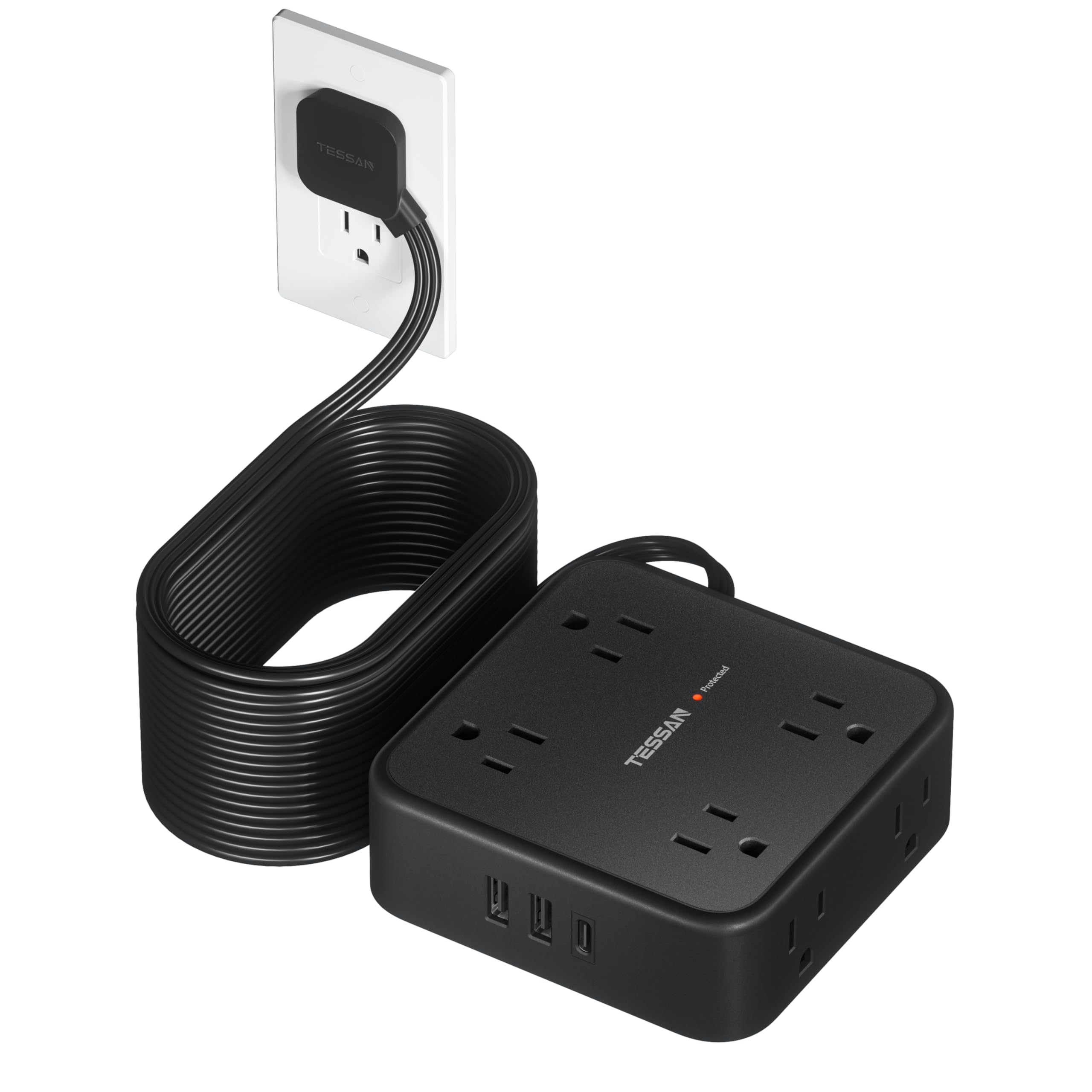 Cable De Extensión Tessan De 25 Pies Con 8 Salidas Ac, 3 Usb 900j, Negro - Venta Internacional.