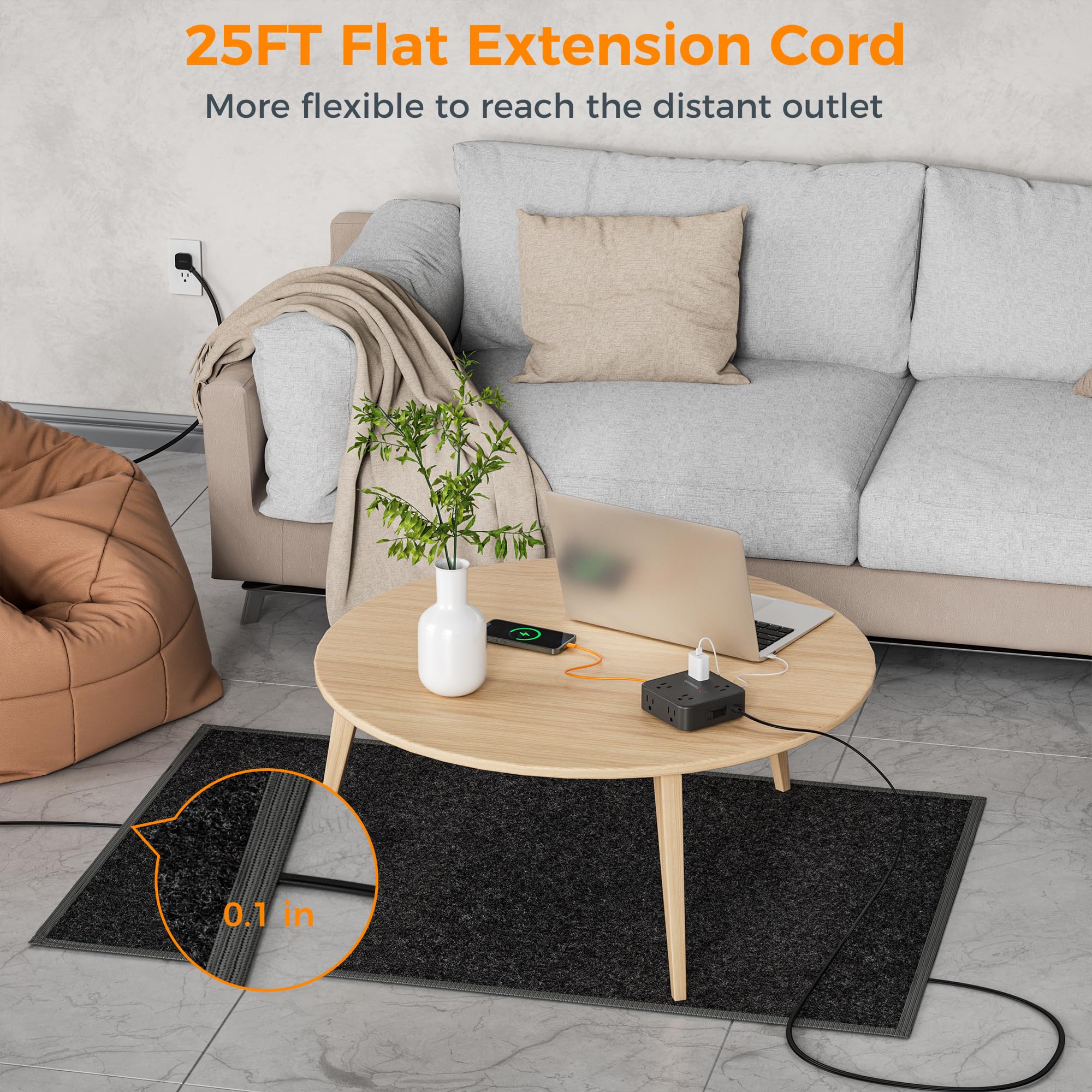 Foto 2 | Cable De Extensión Tessan De 25 Pies Con 8 Salidas Ac, 3 Usb 900j, Negro - Venta Internacional.