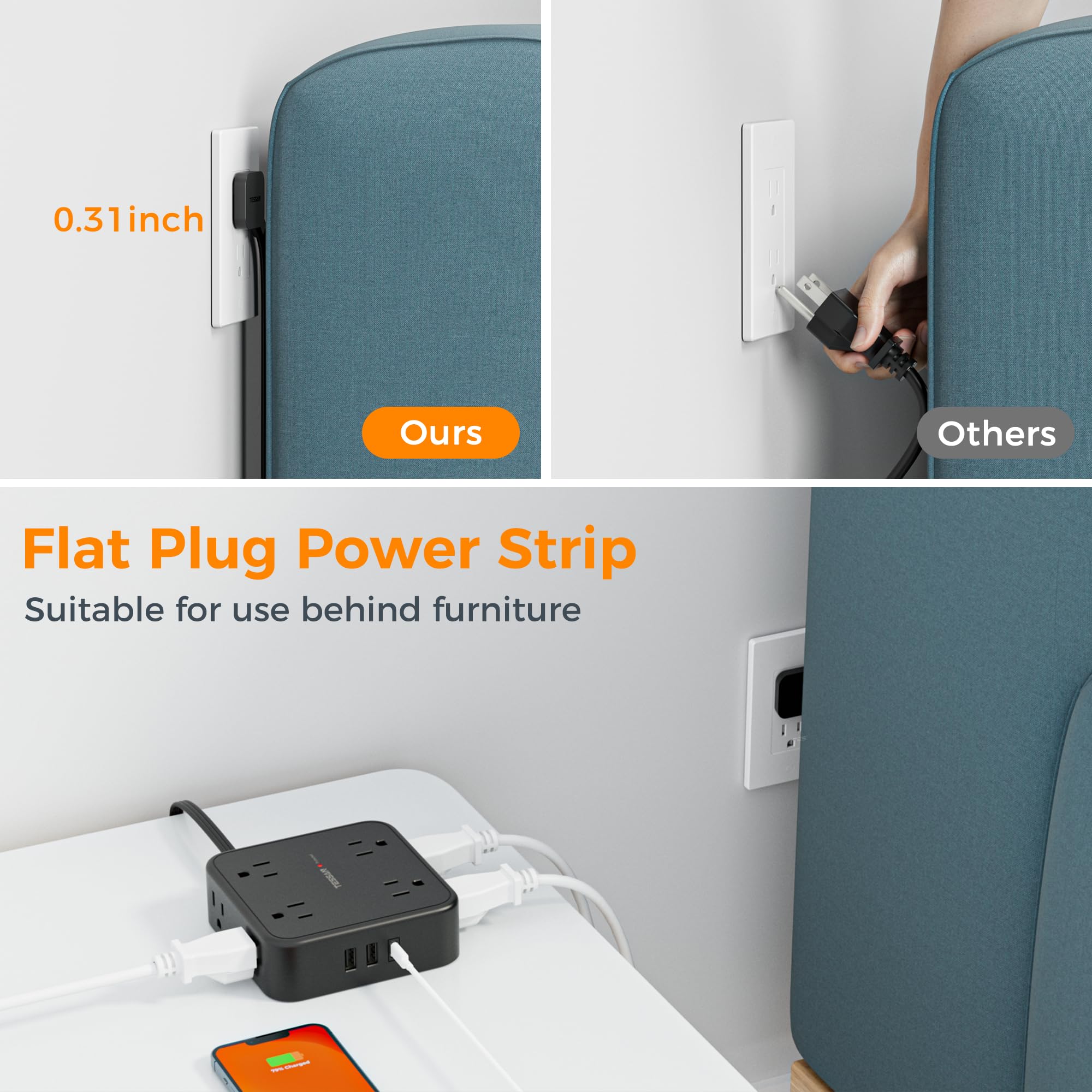 Foto 4 pulgar | Cable De Extensión Tessan De 25 Pies Con 8 Salidas Ac, 3 Usb 900j, Negro - Venta Internacional.