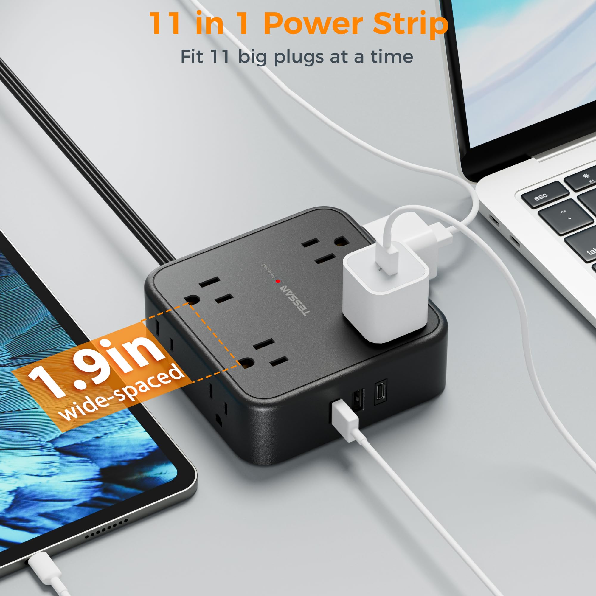 Foto 5 pulgar | Cable De Extensión Tessan De 25 Pies Con 8 Salidas Ac, 3 Usb 900j, Negro - Venta Internacional.