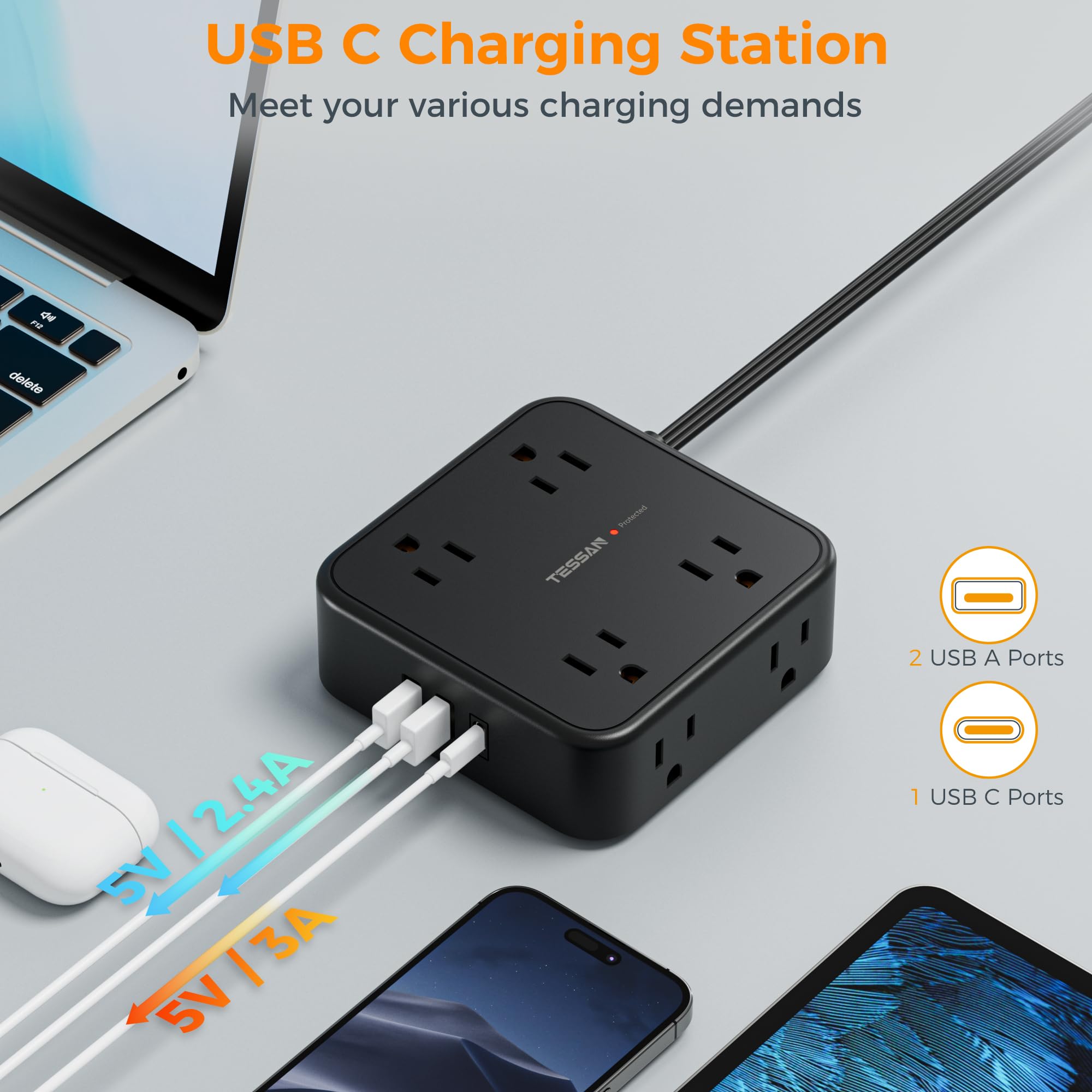 Foto 5 | Cable De Extensión Tessan De 25 Pies Con 8 Salidas Ac, 3 Usb 900j, Negro - Venta Internacional.