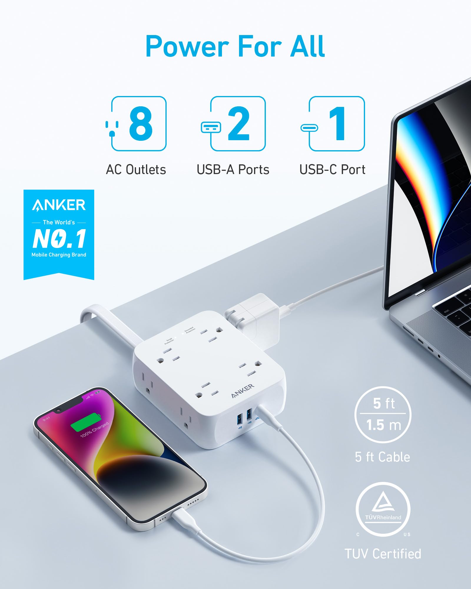 Foto 3 pulgar | Protector Contra Sobretensiones Power Strip Anker, 8 Salidas, 2 Usb A, 1 Usb C - Venta Internacional.
