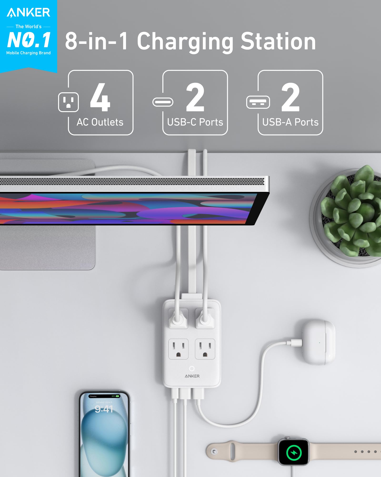 Foto 3 pulgar | Estación De Carga Anker Power Strip Usb-c 8 En 1 De 20 W, Cable De 5 Pies - Venta Internacional.