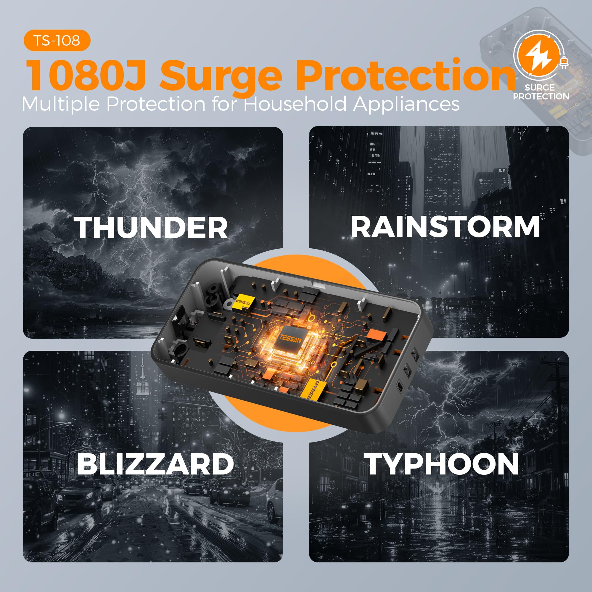 Foto 6 | Protector Contra Sobretensiones, Regleta Tessan, 8 Salidas Y 3 Puertos Usb - Venta Internacional.