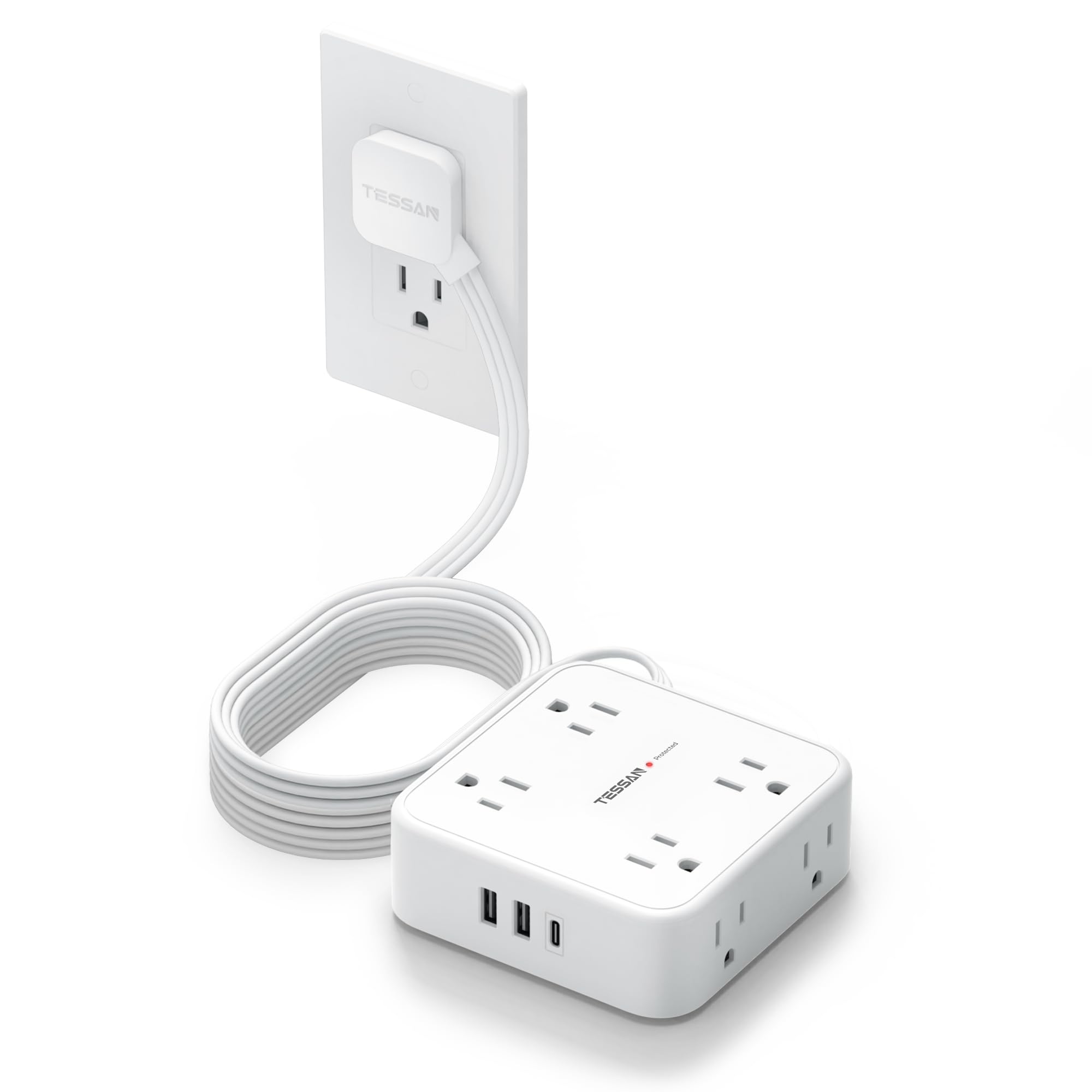 Cable De Extensión Tessan De 3 M Con 8 Tomas De Corriente Alterna Y 3 Puertos Usb, Color Blanco - Venta Internacional.