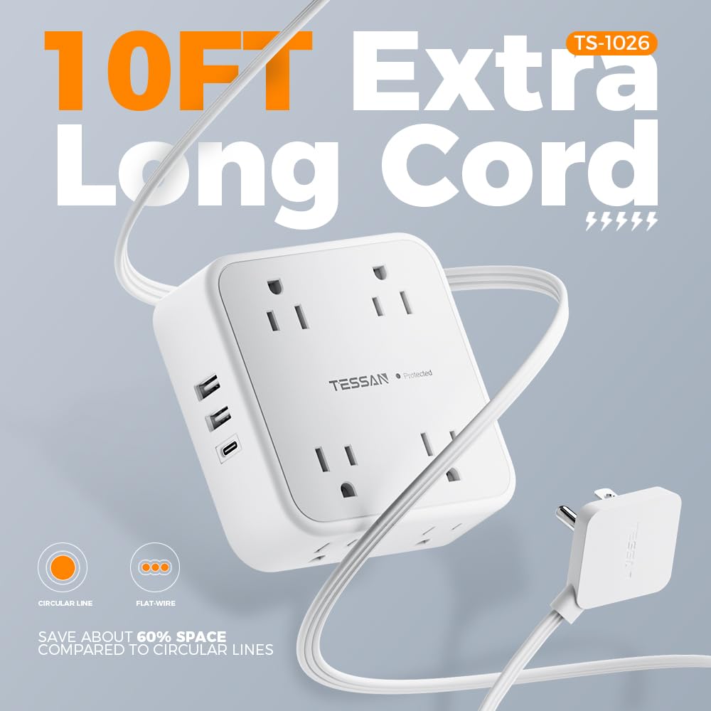 Foto 3 pulgar | Cable De Extensión Tessan De 3 M Con 8 Tomas De Corriente Alterna Y 3 Puertos Usb, Color Blanco - Venta Internacional.