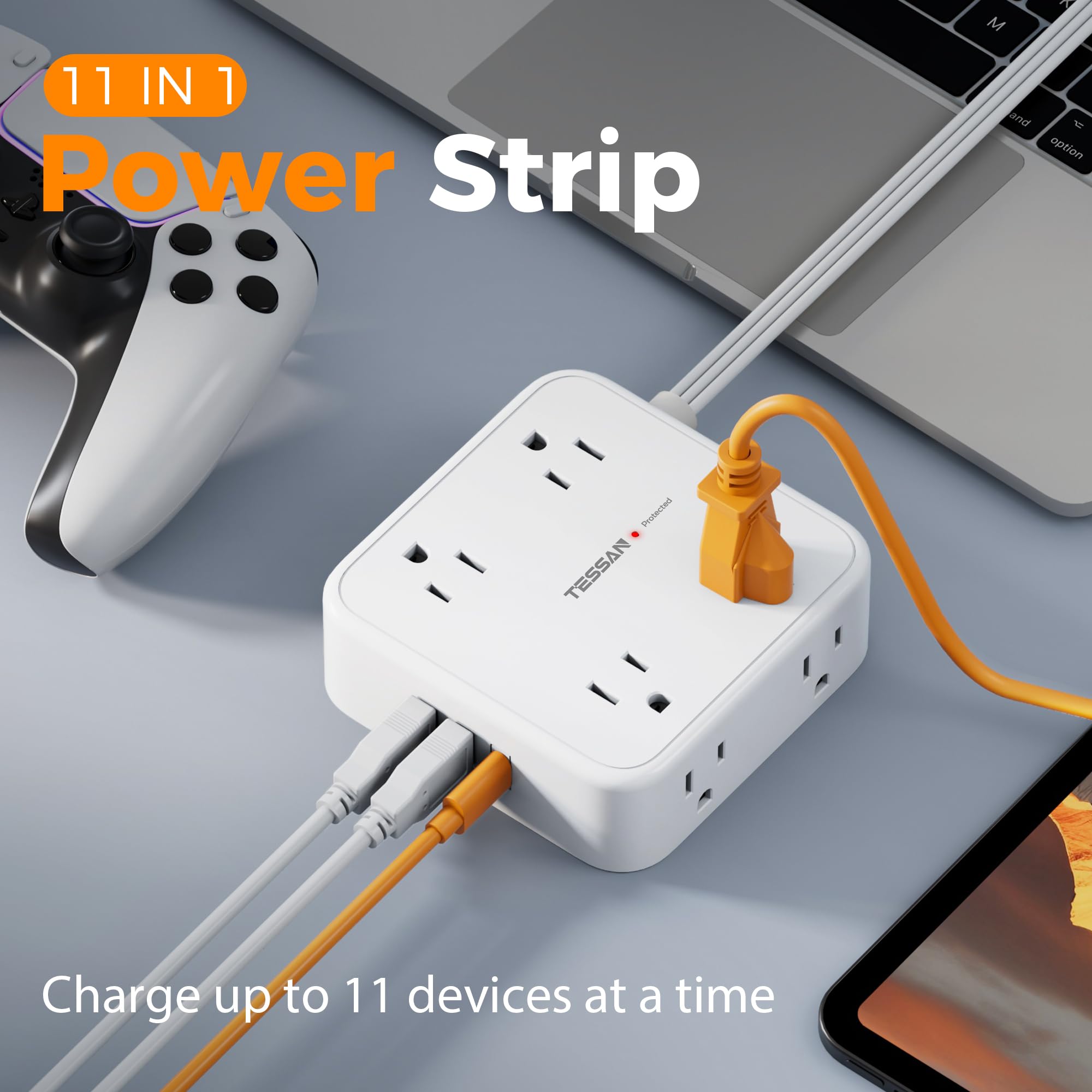 Foto 4 pulgar | Cable De Extensión Tessan De 3 M Con 8 Tomas De Corriente Alterna Y 3 Puertos Usb, Color Blanco - Venta Internacional.