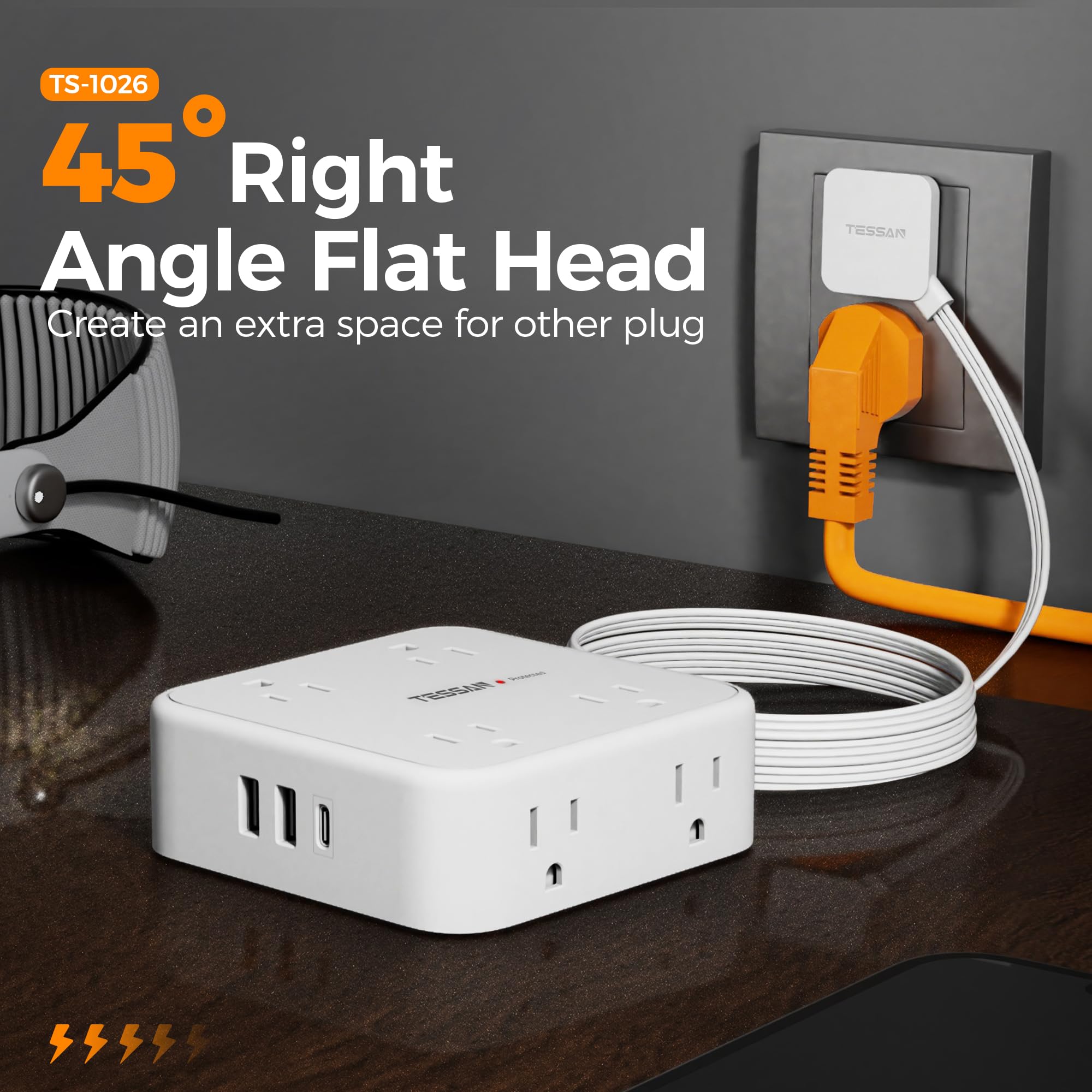 Foto 5 pulgar | Cable De Extensión Tessan De 3 M Con 8 Tomas De Corriente Alterna Y 3 Puertos Usb, Color Blanco - Venta Internacional.