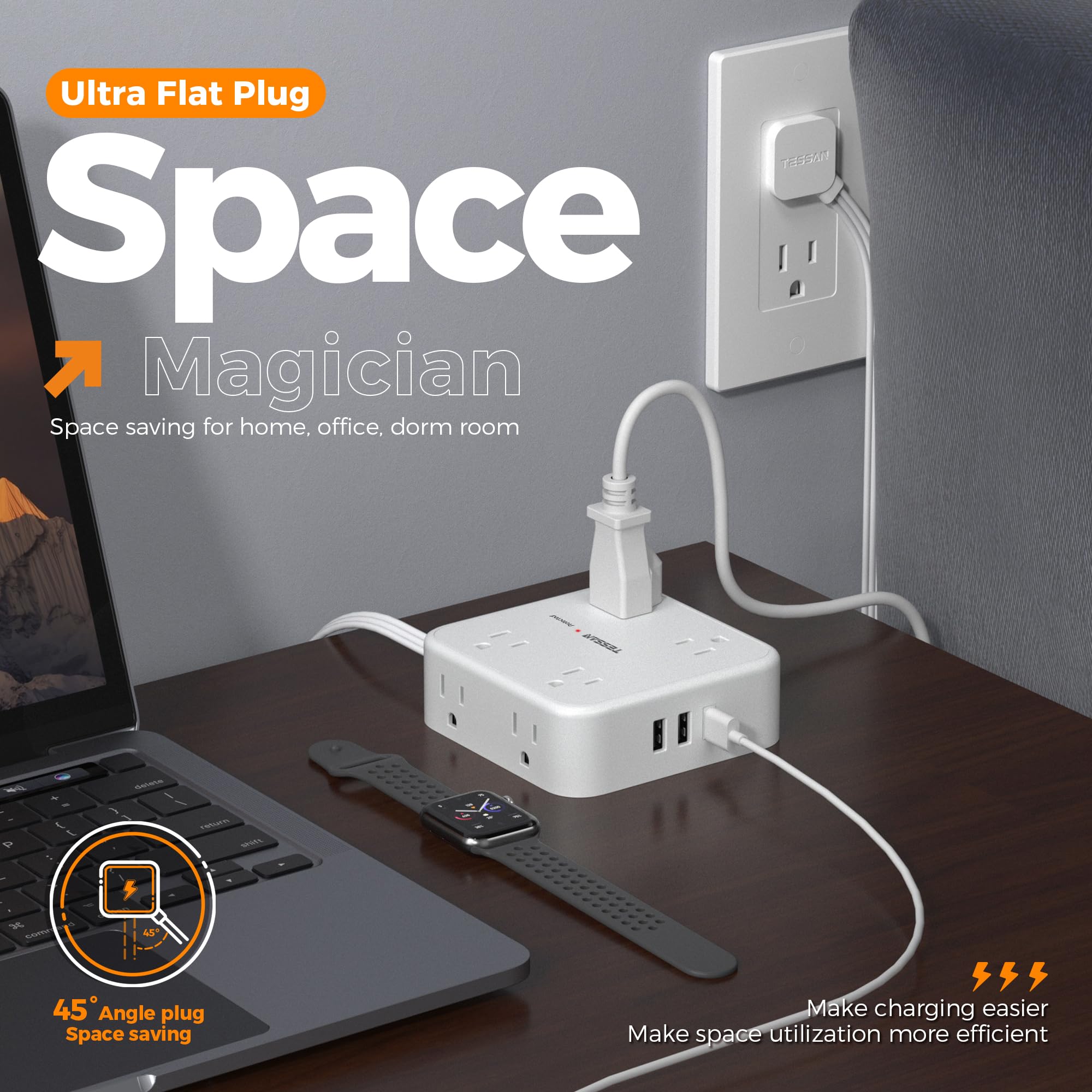 Foto 8 pulgar | Cable De Extensión Tessan De 3 M Con 8 Tomas De Corriente Alterna Y 3 Puertos Usb, Color Blanco - Venta Internacional.
