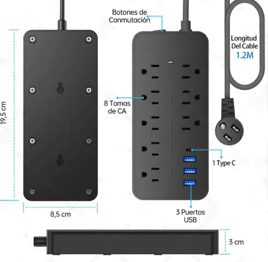 Foto 3 pulgar | Xtellar - Multicontacto Premium De 8 Tomas Con Puertos Usb, Cable De 1.2m, Elegante Negro