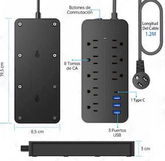 Foto 2 | Xtellar - Multicontacto Premium De 8 Tomas Con Puertos Usb, Cable De 1.2m, Elegante Negro