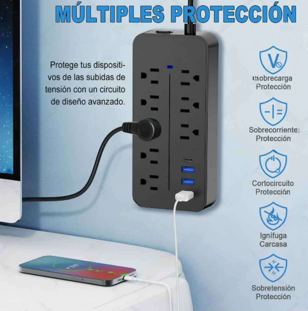 Foto 5 pulgar | Xtellar - Multicontacto Premium De 8 Tomas Con Puertos Usb, Cable De 1.2m, Elegante Negro