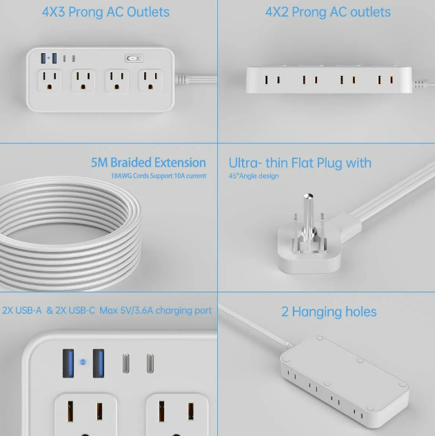 Foto 4 pulgar | Xtellar Multicontactos - Extensiones Elegantes Con 4 Salidas, 3 Puertos Usb, 1 Tipo-c, Cable De 5m