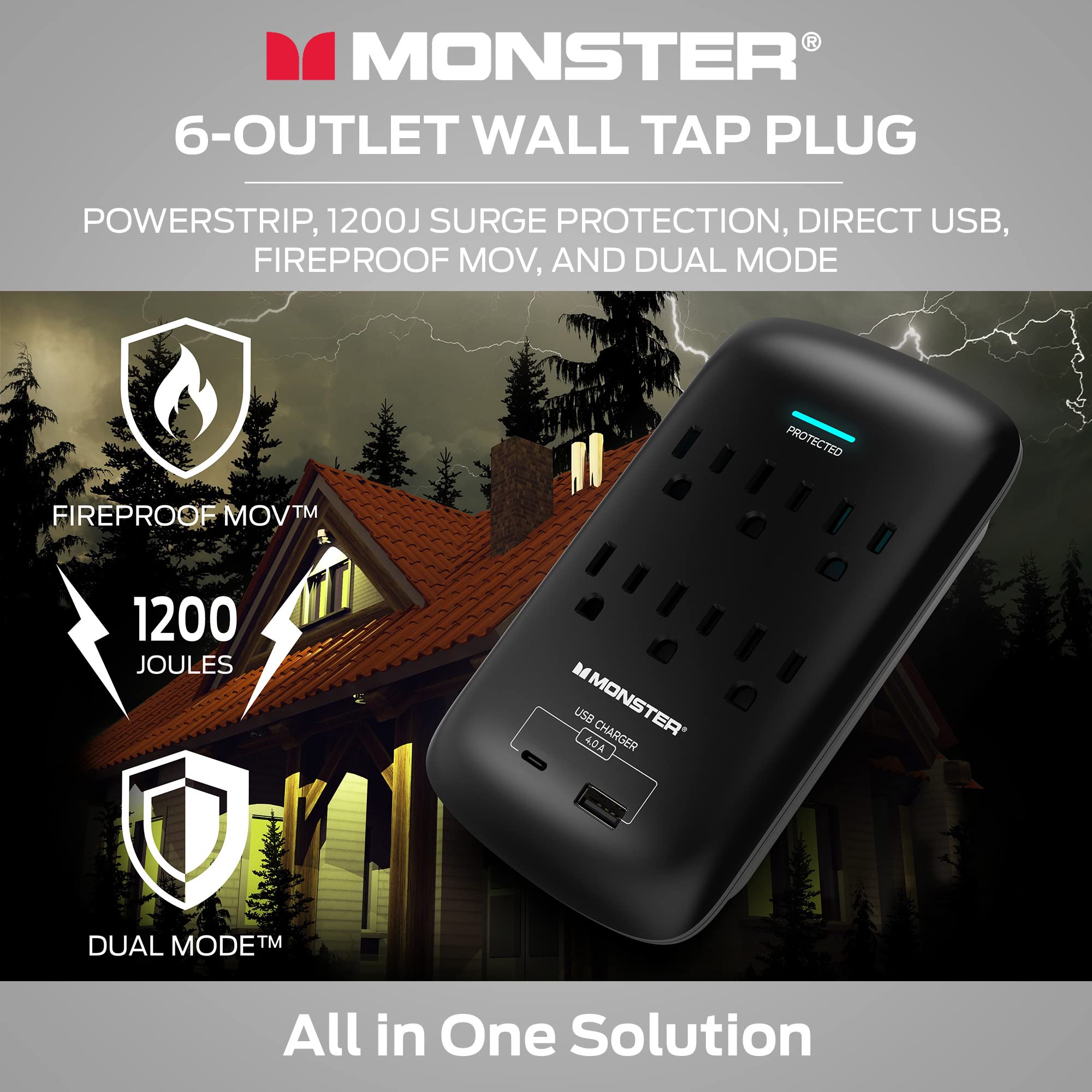 Foto 3 pulgar | Extensor De Enchufe De Pared Con 6 Salidas Y Protector Contra Sobretensiones Monster - Venta Internacional.