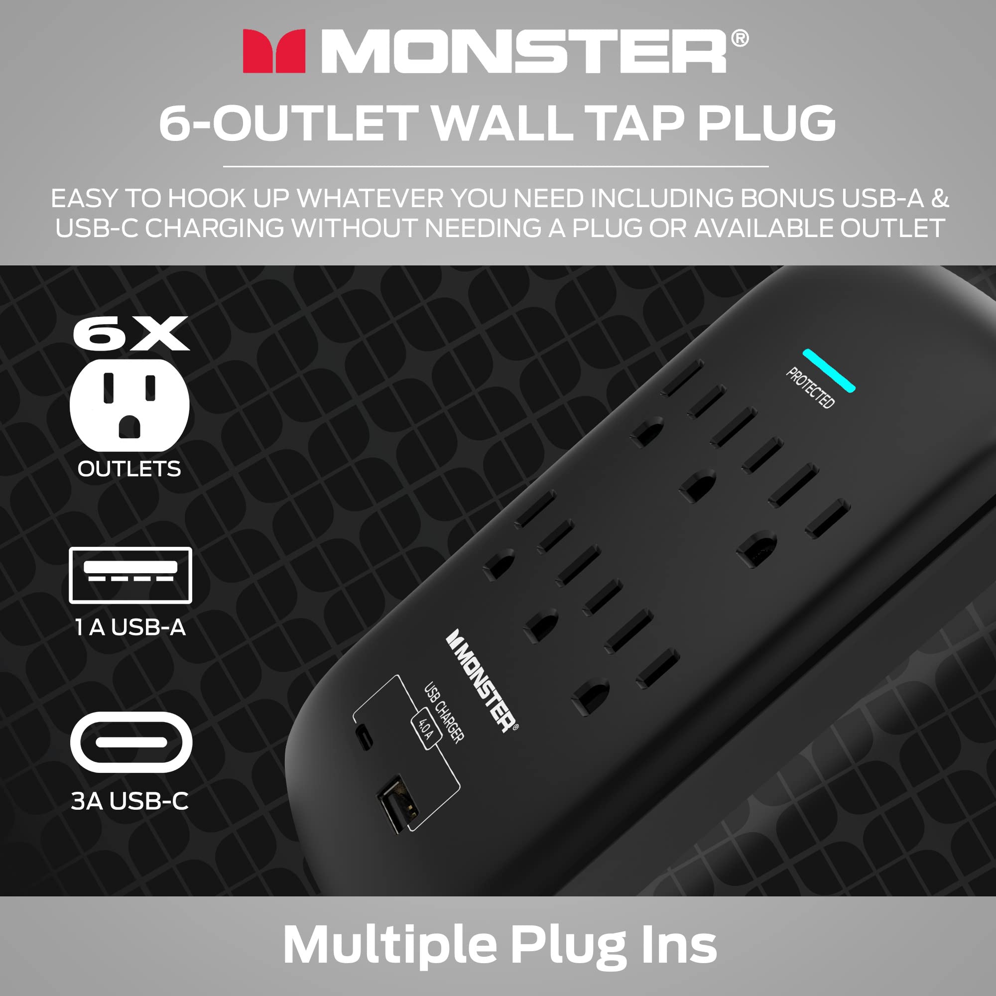 Foto 3 | Extensor De Enchufe De Pared Con 6 Salidas Y Protector Contra Sobretensiones Monster - Venta Internacional.