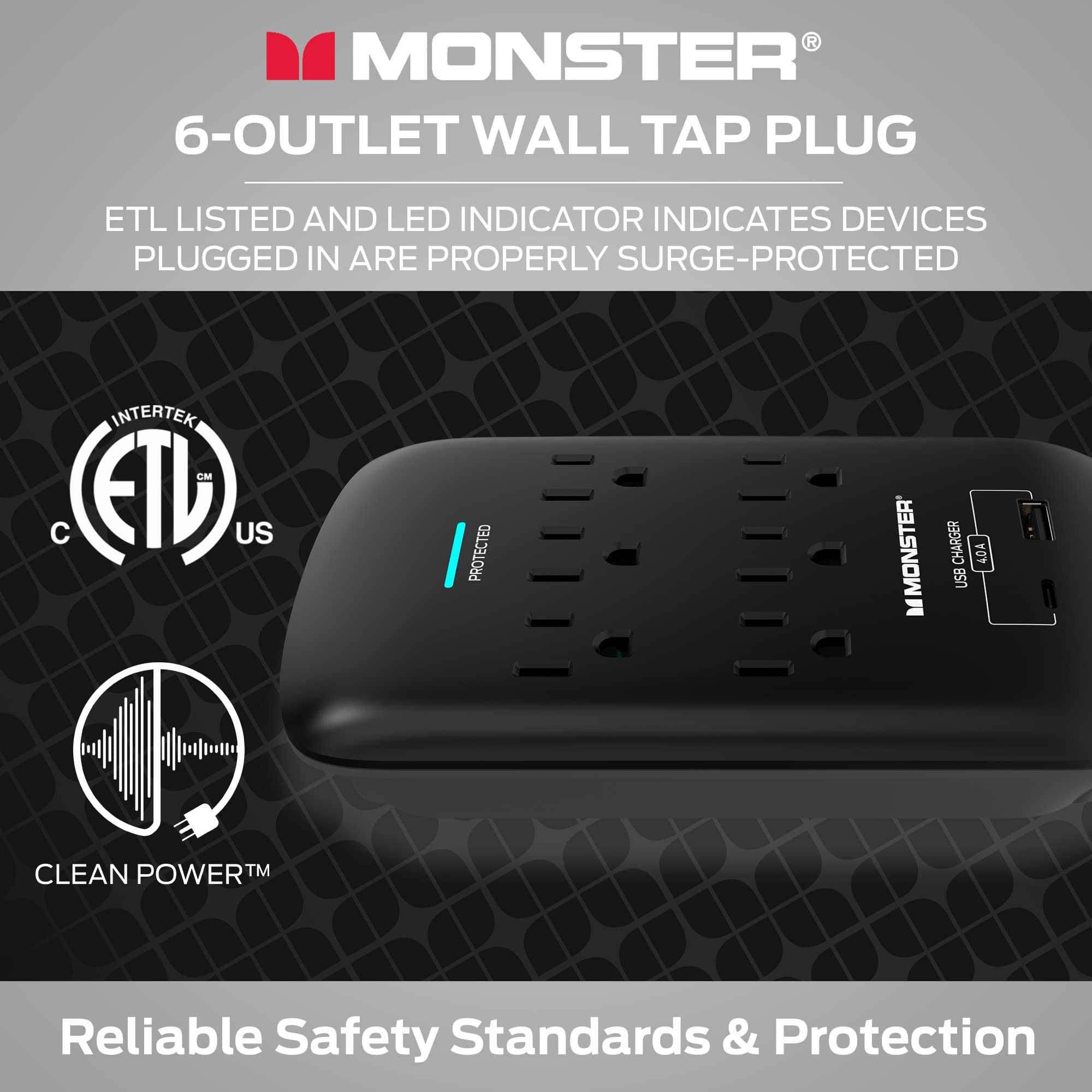 Foto 5 pulgar | Extensor De Enchufe De Pared Con 6 Salidas Y Protector Contra Sobretensiones Monster - Venta Internacional.