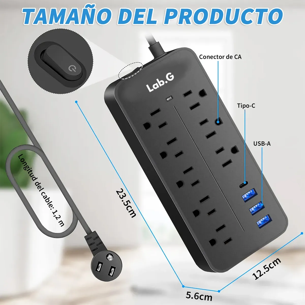Foto 3 pulgar | Regleta Cargador Multicontactos Con 8 Salidas 3 Usb 1 Tipo C Lab.g Negro