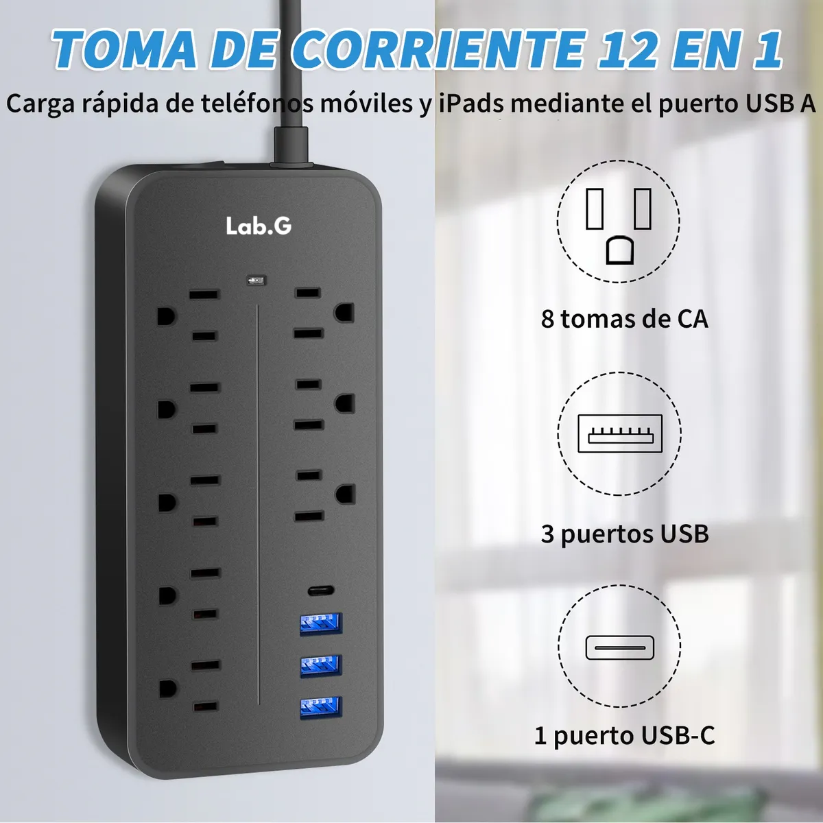 Foto 5 pulgar | Regleta Cargador Multicontactos Con 8 Salidas 3 Usb 1 Tipo C Lab.g Negro