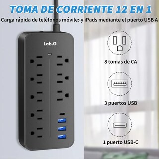 Foto 4 | Regleta Cargador Multicontactos Con 8 Salidas 3 Usb 1 Tipo C Lab.g Negro