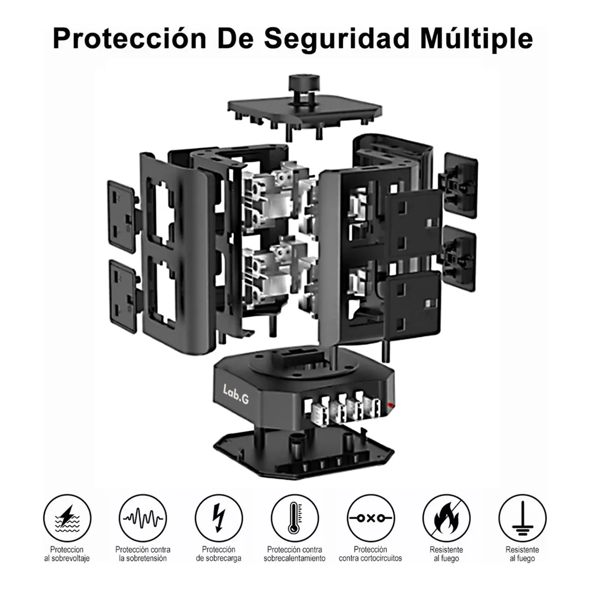 Foto 3 pulgar | Regleta Multicontacto Tipo Torre D/8 Salidas Y 4 Puertos Usb Lab.g Negro