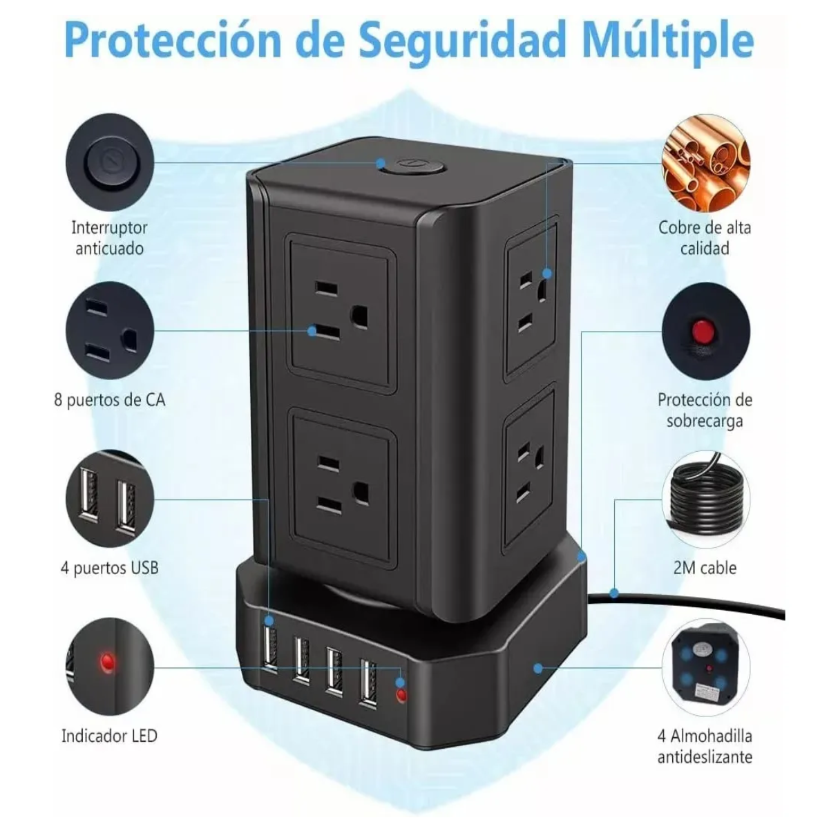 Foto 5 pulgar | Regleta Multicontacto Tipo Torre D/8 Salidas Y 4 Puertos Usb Lab.g Negro