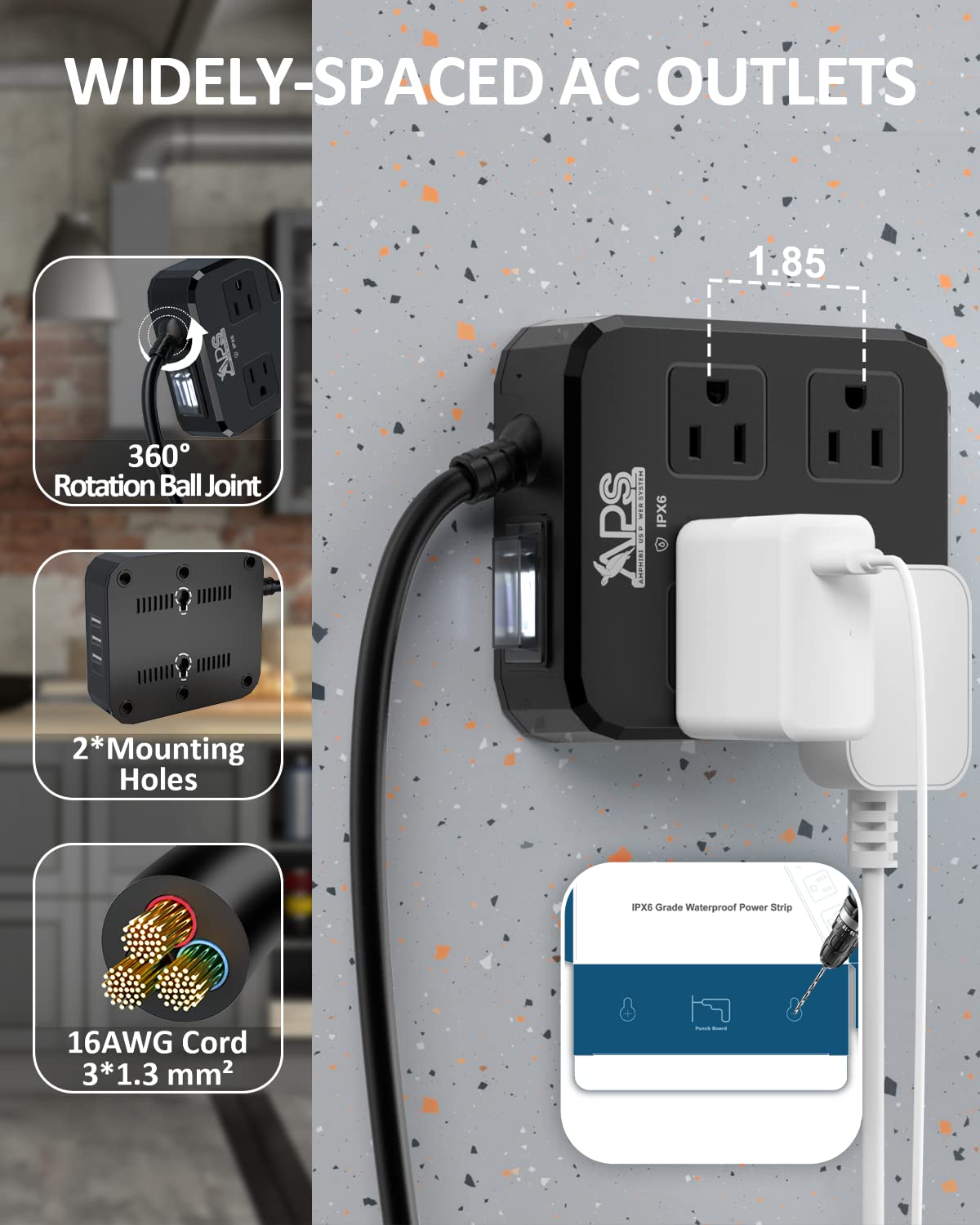 Foto 6 | Regleta De Alimentación Exterior Aps Resistente A La Intemperie Con 4 Salidas Y 3 Usb - Venta Internacional.