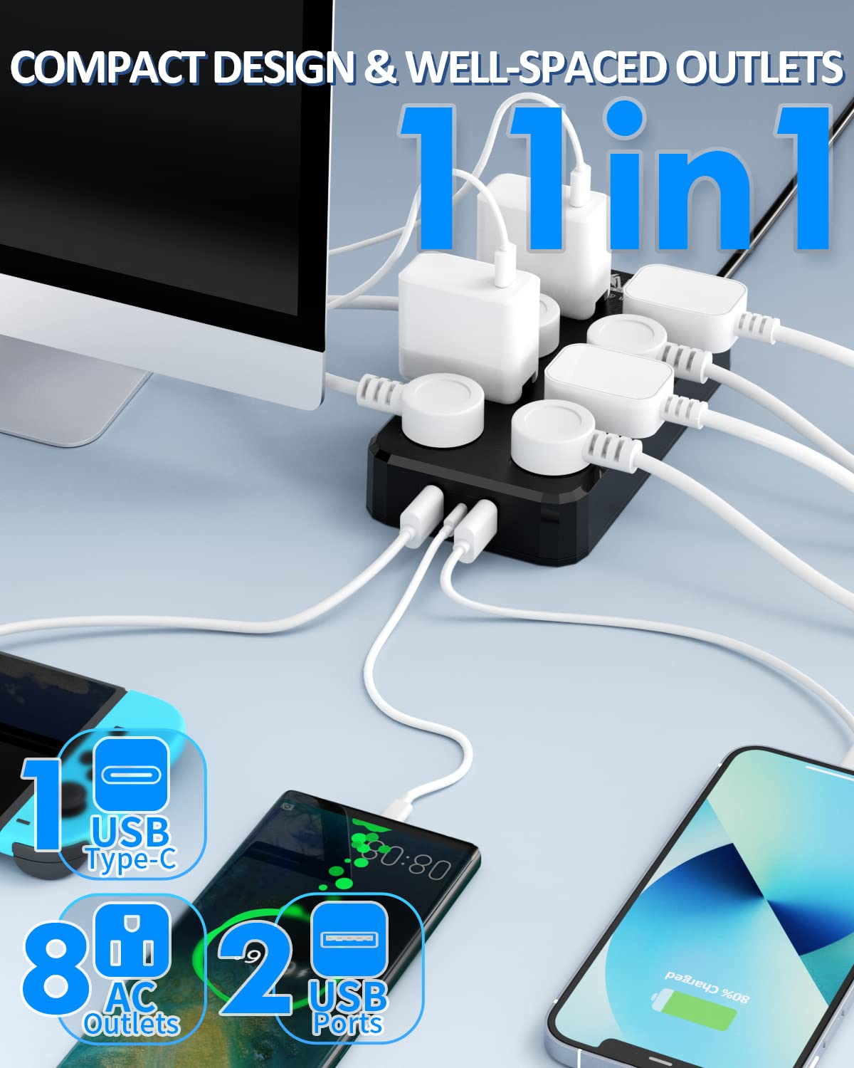 Foto 2 | Power Strip Aps De 8 Salidas  3 Usb (1 Usb-c)  10 Pies  Resistente Al Agua  Color Negro - Venta Internacional.