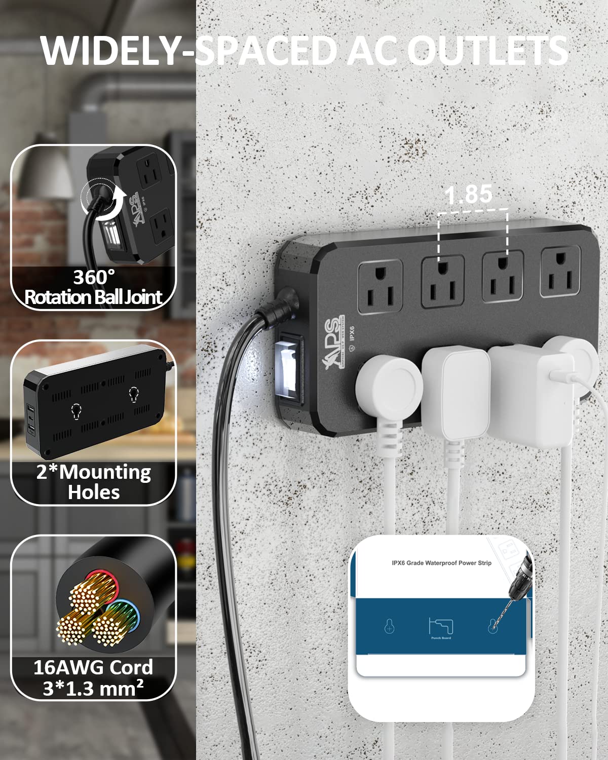 Foto 7 pulgar | Power Strip Aps De 8 Salidas  3 Usb (1 Usb-c)  10 Pies  Resistente Al Agua  Color Negro - Venta Internacional.