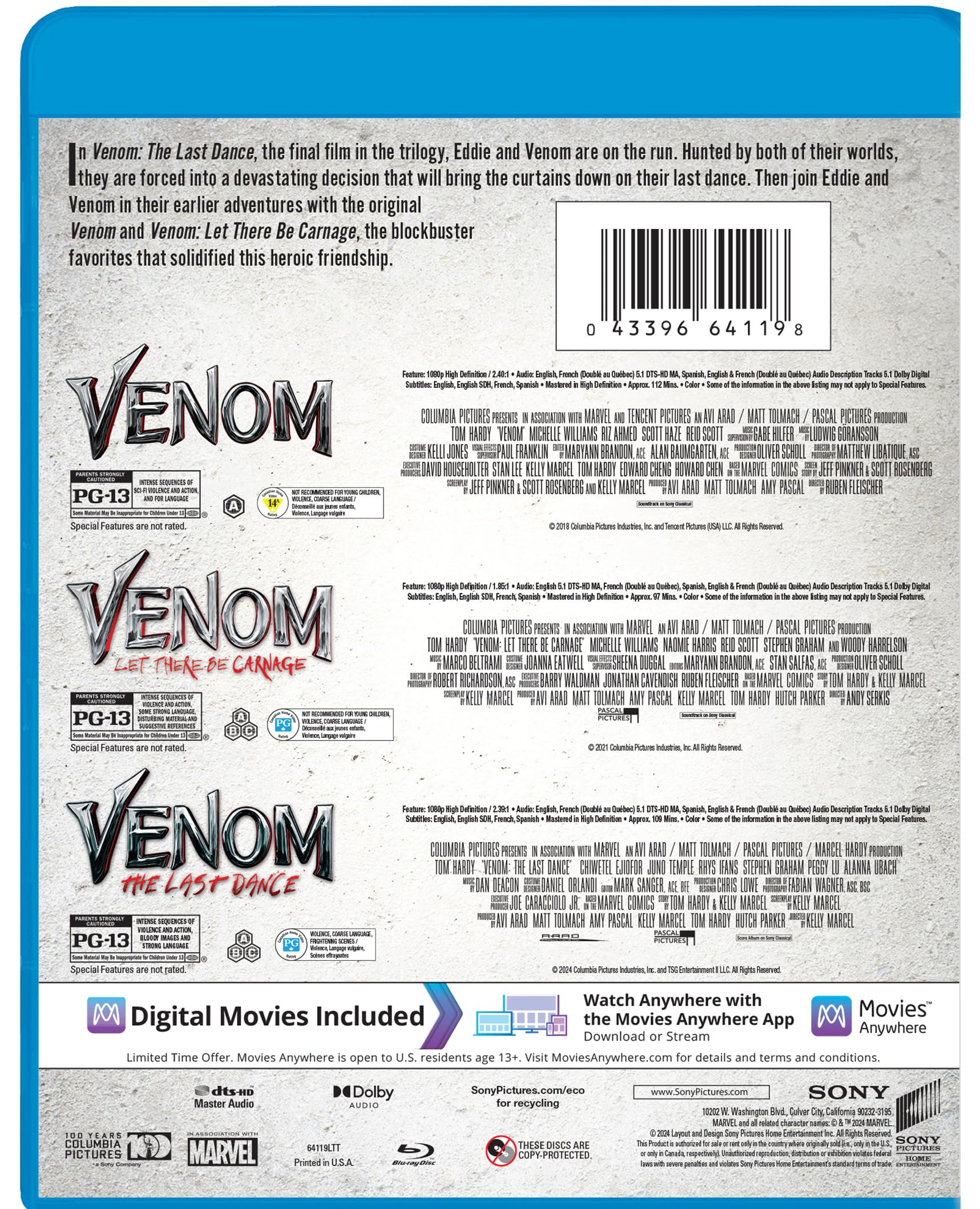 Foto 3 pulgar | Colección Blu-ray Sony Pictures Venom Trilogy - Venta Internacional.